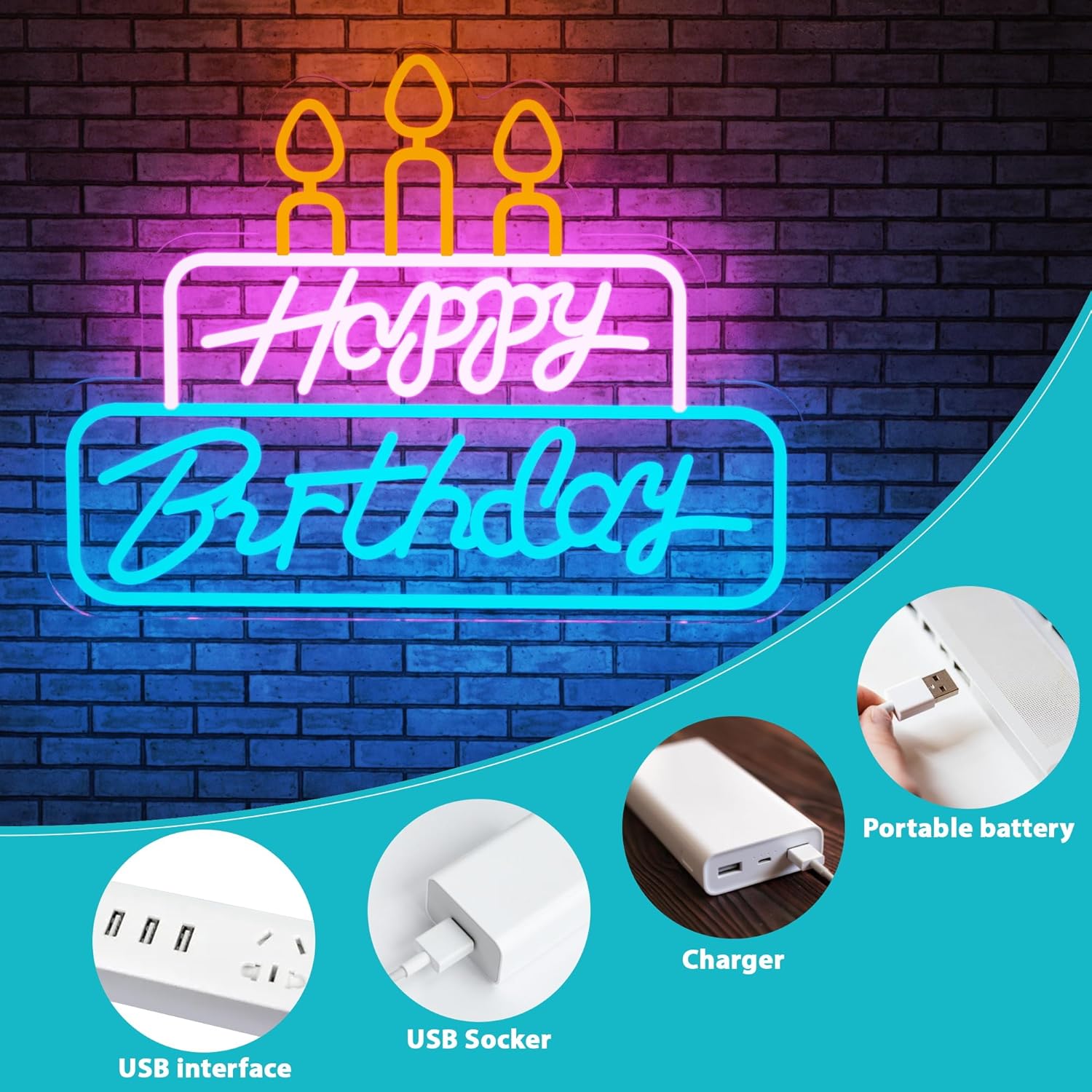 Letrero de neón de feliz cumpleaños de 16 x 12 pulgadas para decoración de pared, letrero LED regulable de feliz cumpleaños para habitación, letrero