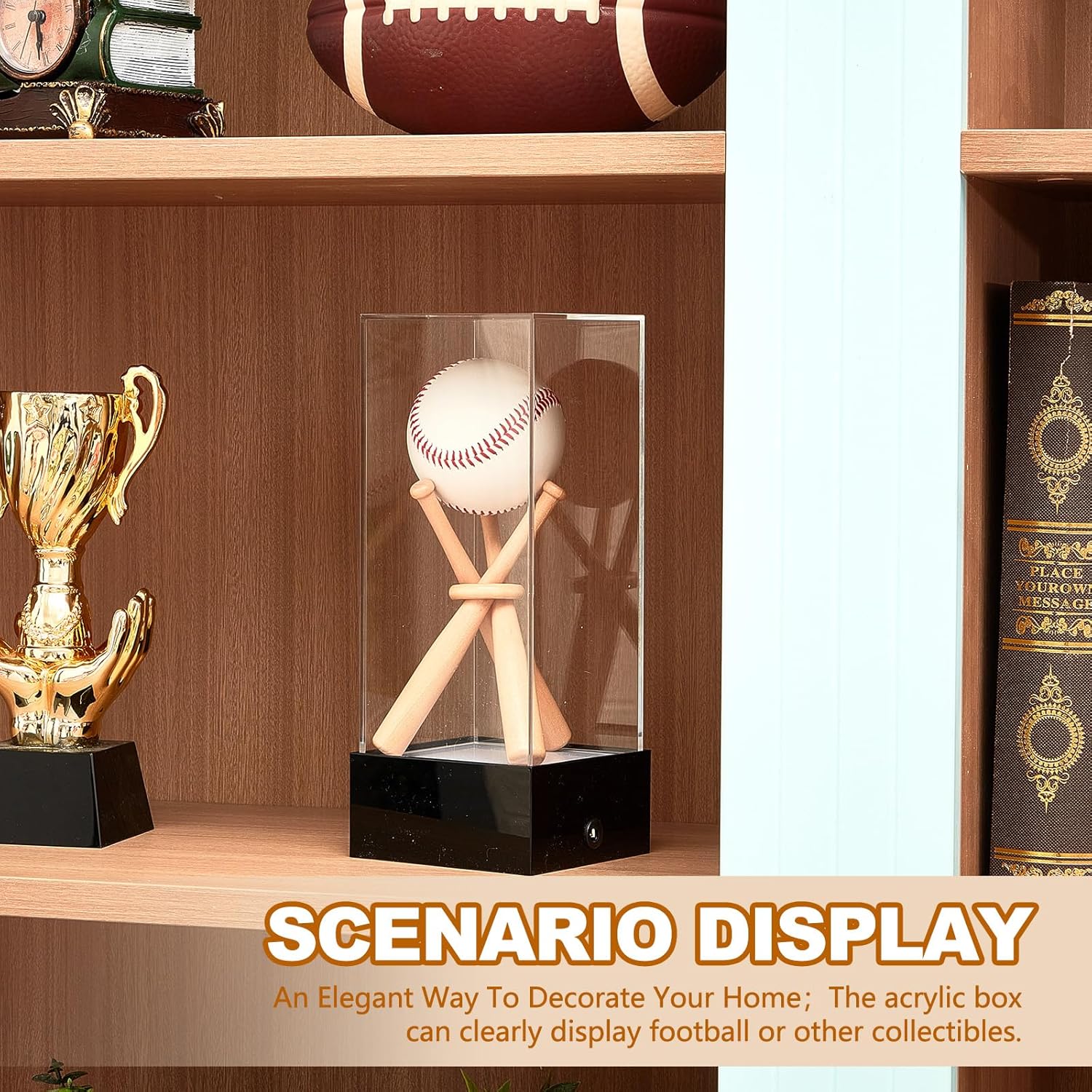 Menkxi Vitrina de béisbol con base de luz LED, soporte de béisbol con palos de madera, soporte de exhibición de acrílico transparente con protección