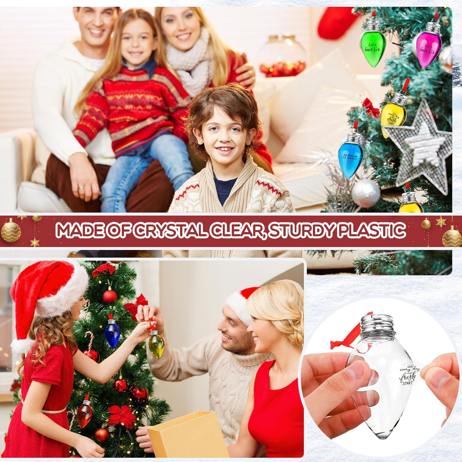 30 bolas de bebida de Navidad, adornos de vidrio de chupito, adornos de plástico rellenables para botellas de agua de Navidad transparentes,