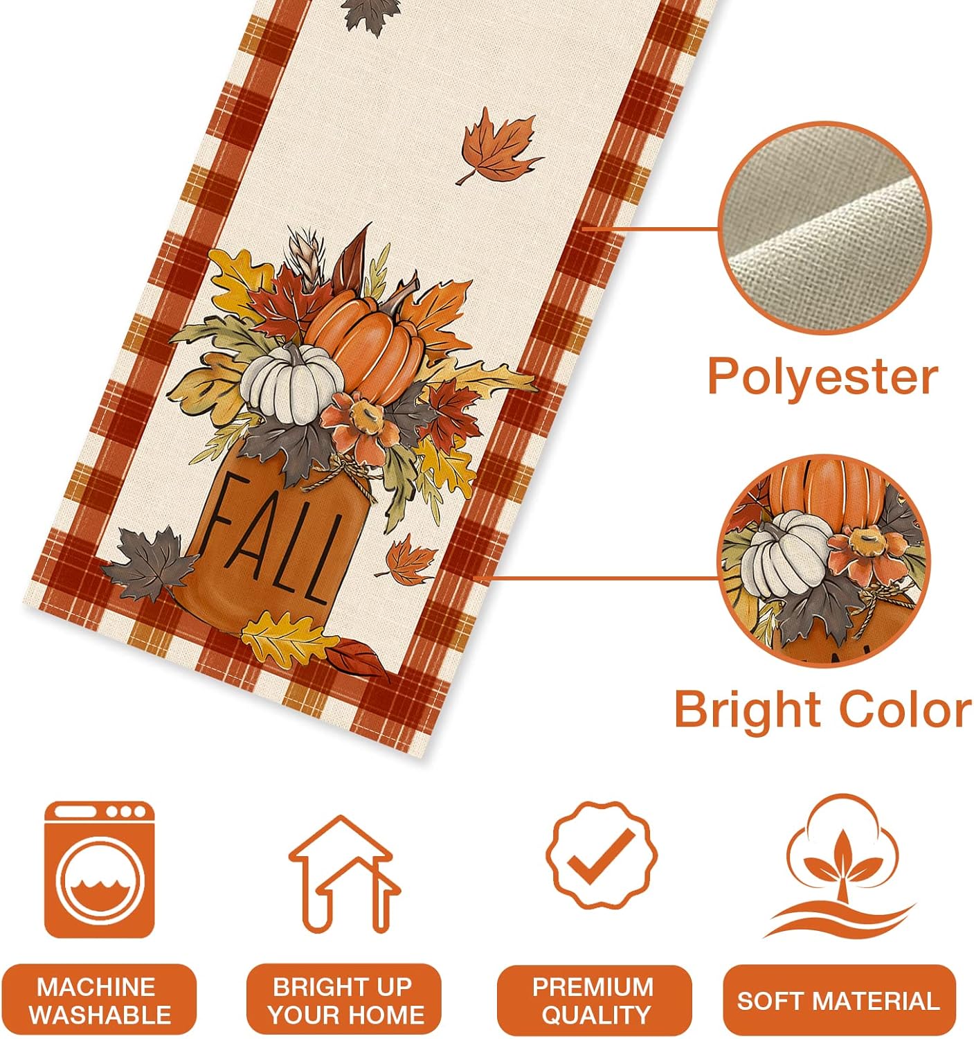 Seliem Camino de mesa de otoño con hojas de arce y calabaza, tarro de otoño, cuadros de búfalo, decoración de mesa de comedor de temporada,
