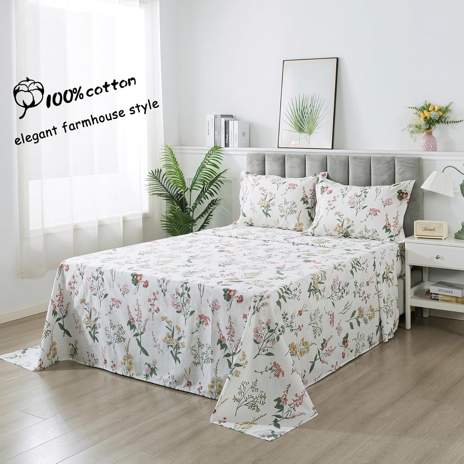 Lemfux Juego de sábanas de 100 % algodón con diseño floral de granja tamaño individual XL, sábana encimera estética de flores amarillas, rosas y