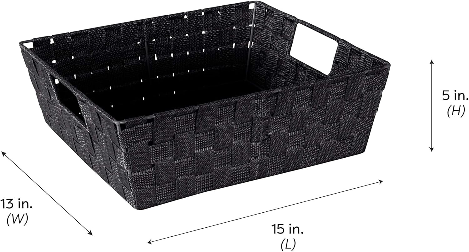 Simplify Cesta rectangular de acero aleado de 15 x 13 x 5 pulgadas con 2 asas de transporte integradas, color negro