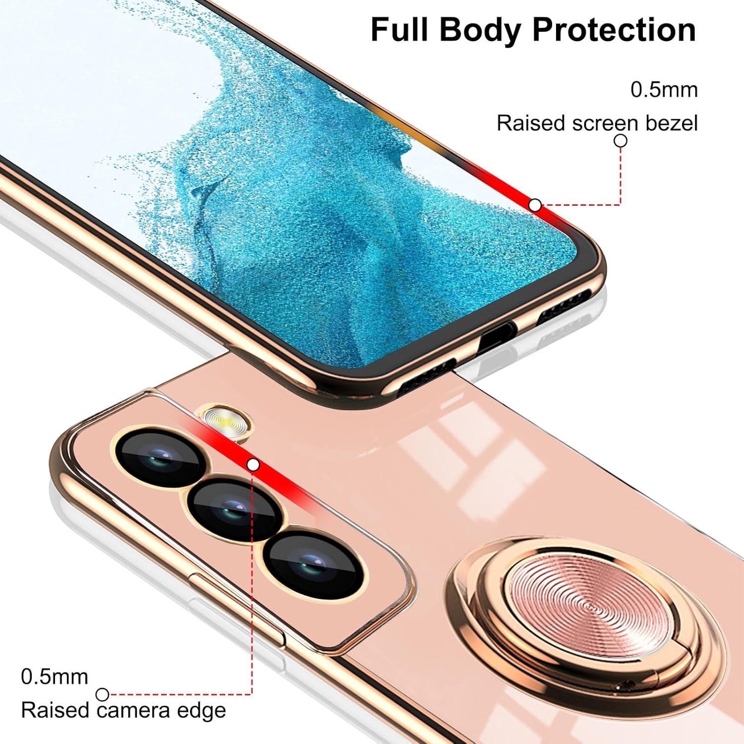 Aitipy Funda para Samsung Galaxy S21 FE con 1 protector de pantalla, soporte de anillo de rotación de 360 integrado, borde chapado brillante de