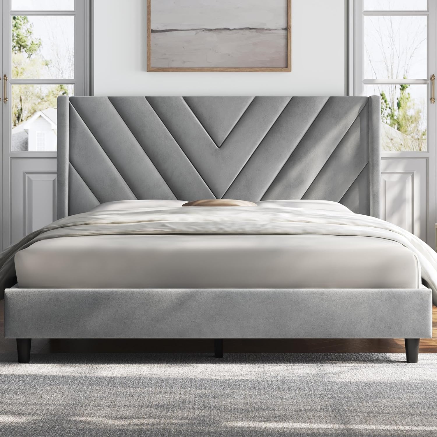 Yaheetech Base de cama Queen con plataforma tapizada con lado de alasoporte de listones de maderacabecera capitonada con lado de alabase de