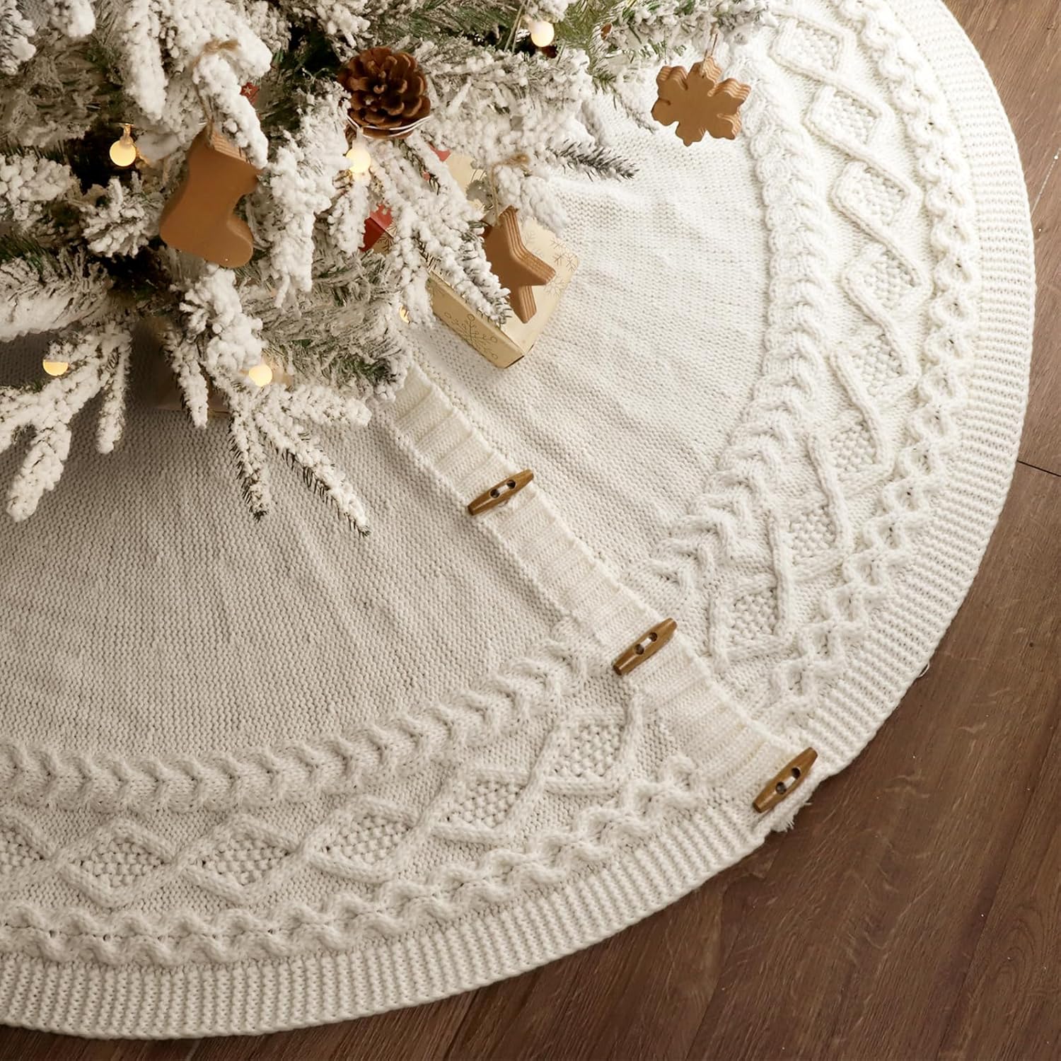 LimBridge Faldón de árbol de Navidad de punto 60 pulgadas extra grande falda de árbol blanco crema, combo de punto de cable de diamante,