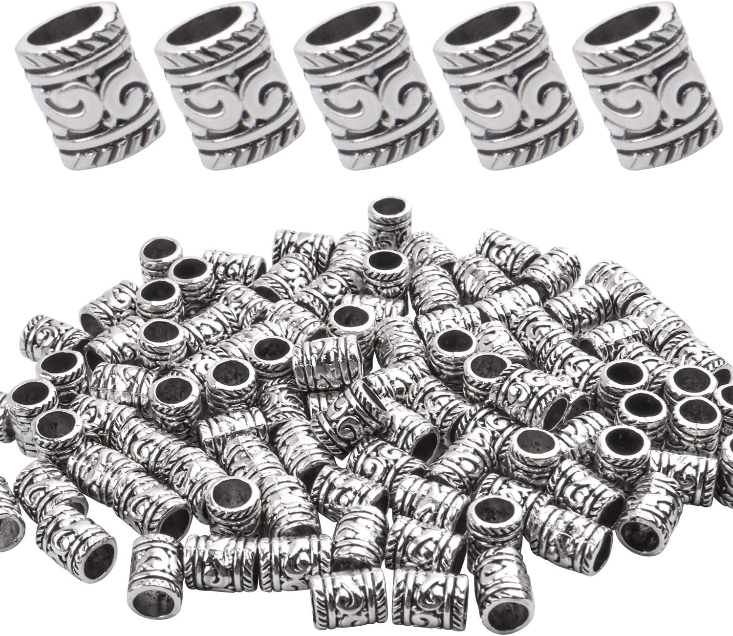 BronaGrand 100 cuentas espaciadoras de plata antigua, cuentas de agujero grande, cuentas de tubo hueco para pulseras y collares de bricolaje