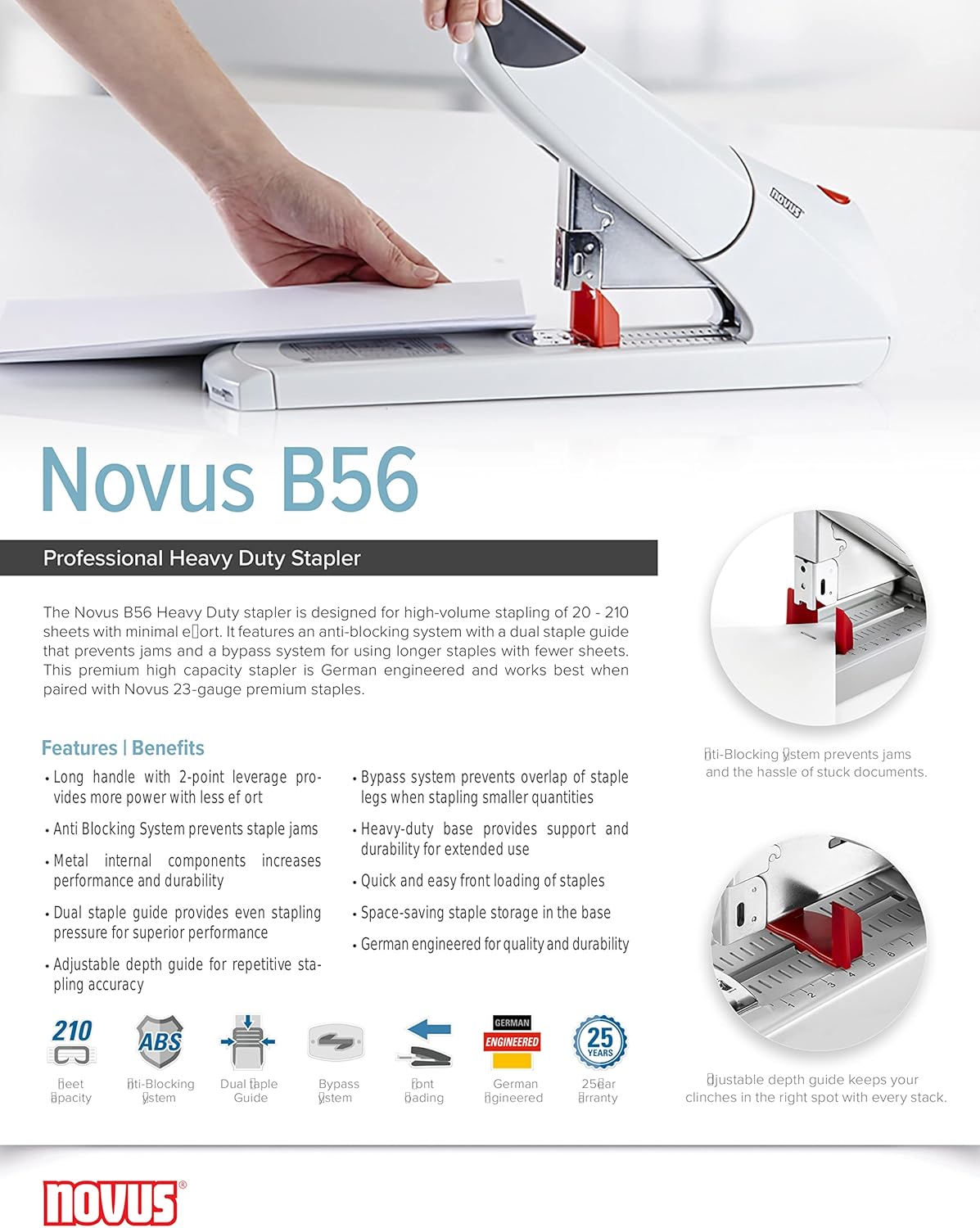 Novus Engrapadora resistente B56, capacidad para 200 hojas, antiatascos, profundidad de grapado de 3 pulgadas con guía ajustable, derivación de