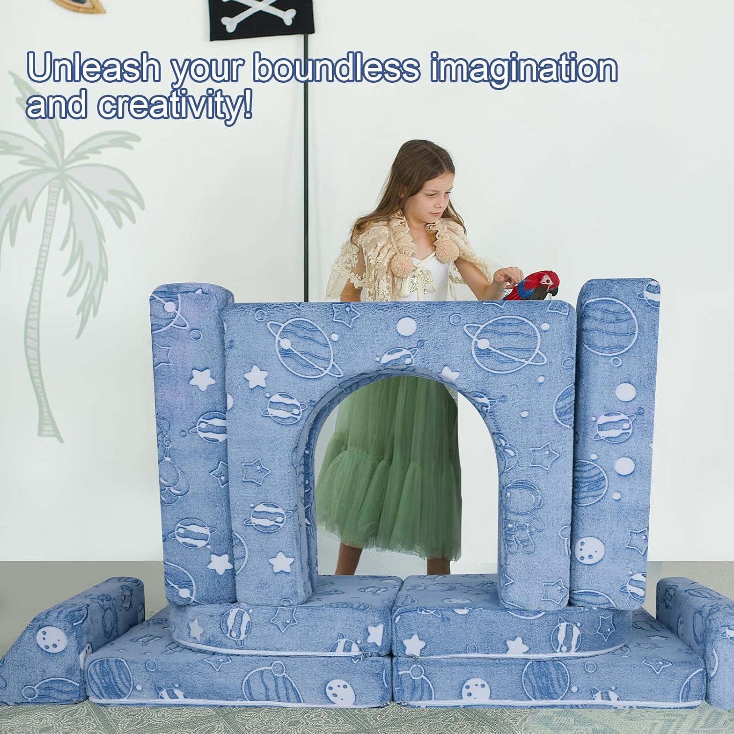 MeMoreCool Sofá infantil de 10 piezas, sofá de espacio brillante para sala de juegos, sofá de espuma plegable para niñas y niños, juego modular