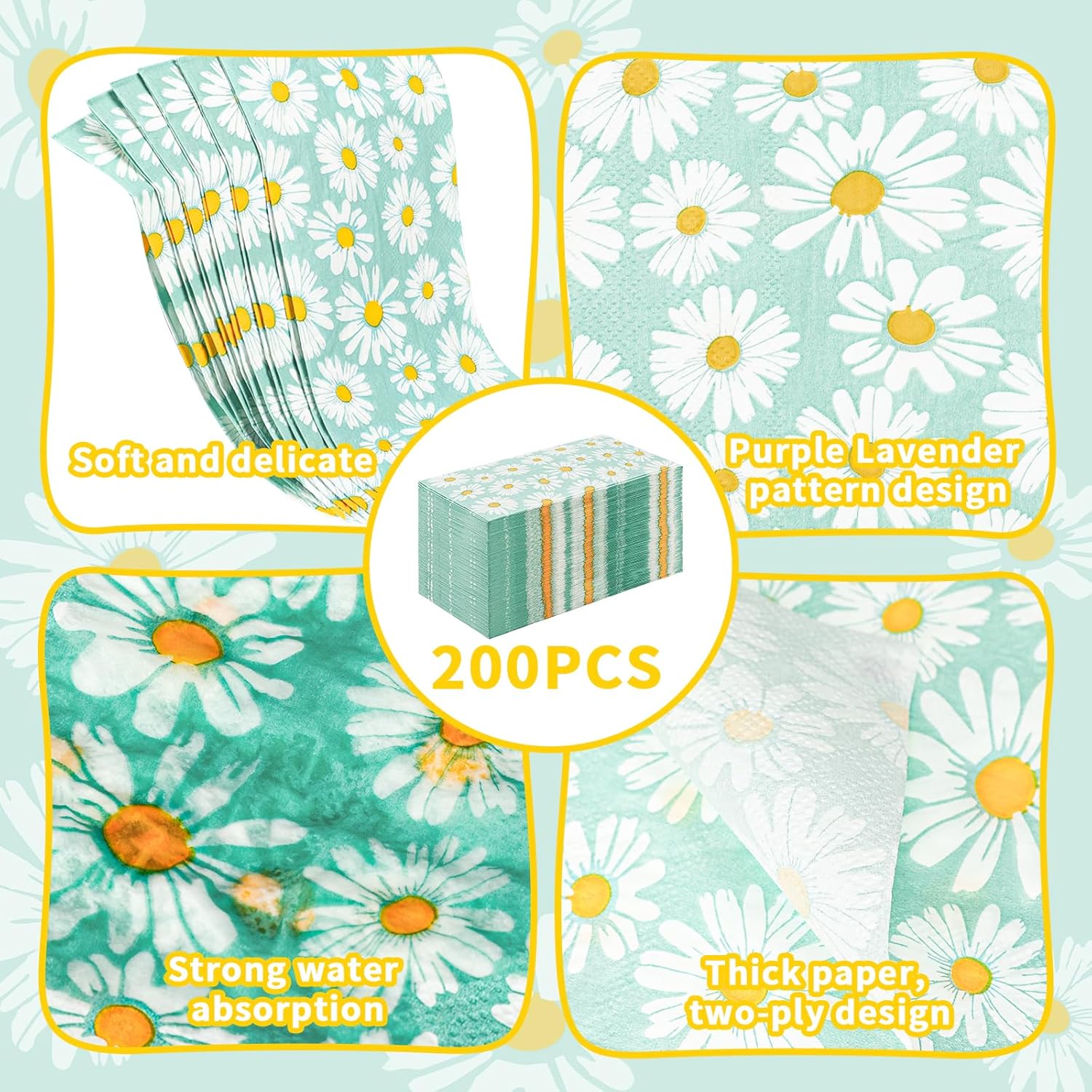 Zonon 200 servilletas de 2 capas con diseño de margaritas con temática floral, desechables, servilletas de papel decorativas para bufé, cocina,