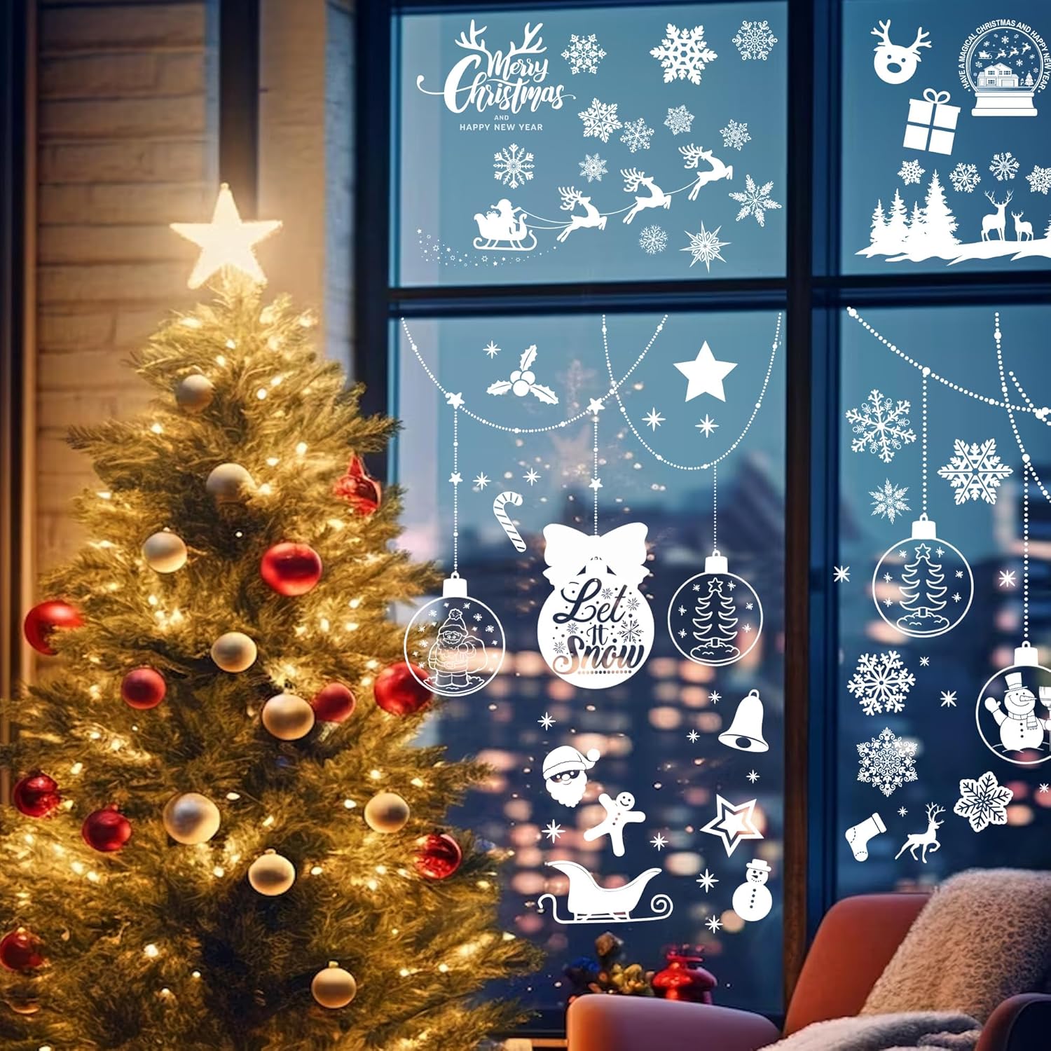 Pegatinas de Navidad para ventanas de nieve, calcomanías para decoración de ventanas de vidrio, decoraciones de Navidad, copos de nieve, Santa