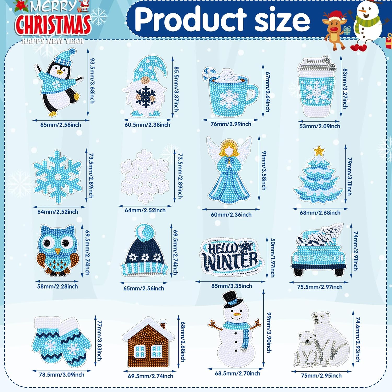 16 piezas de arte de diamantes de invierno para refrigerador, pintura de diamantes de Navidad, imanes de pingüino de invierno, copos de nieve,