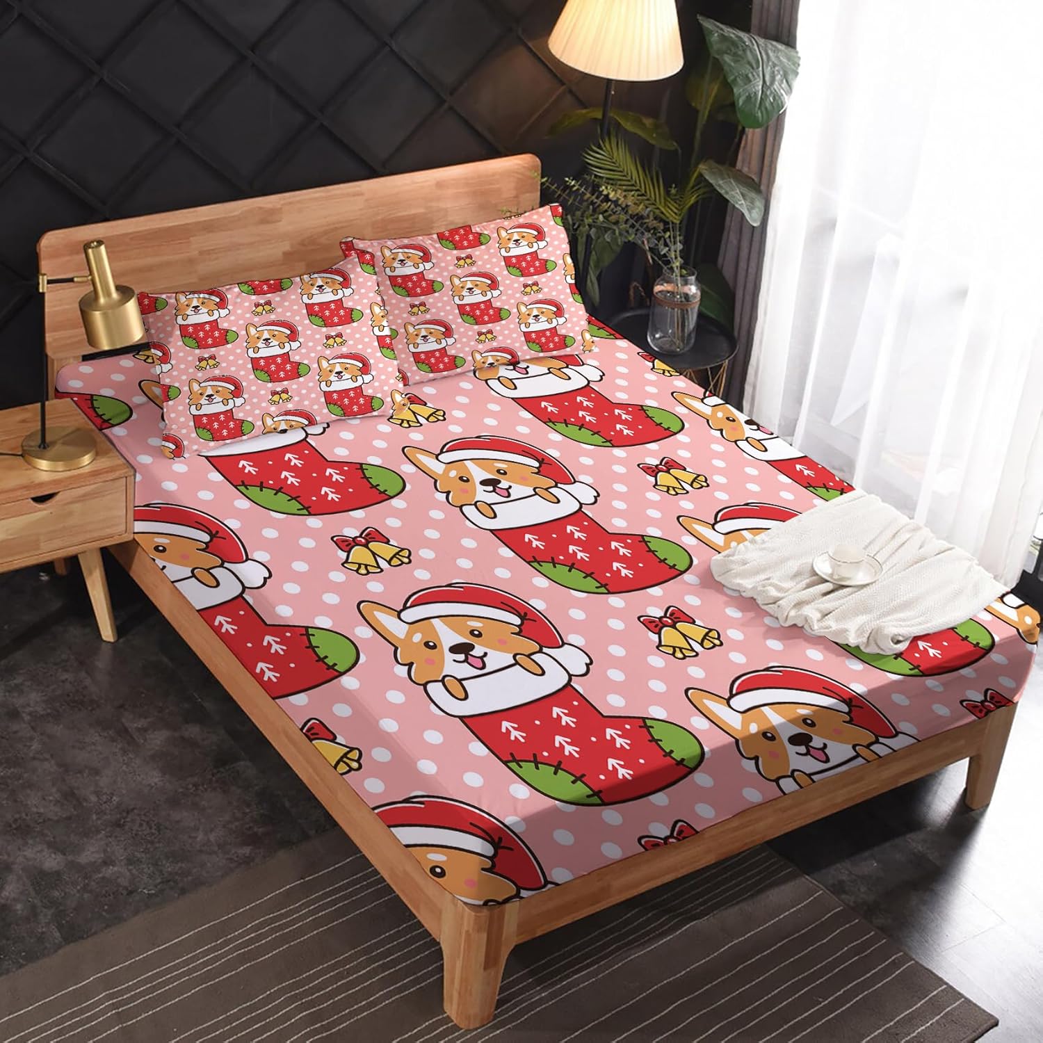 Sábanas de Navidad tamaño King  Lindas sábanas de microfibra suave con bolsillo profundo y patrón sin arrugas, 4 piezas (1 sábana bajera, 1 sábana
