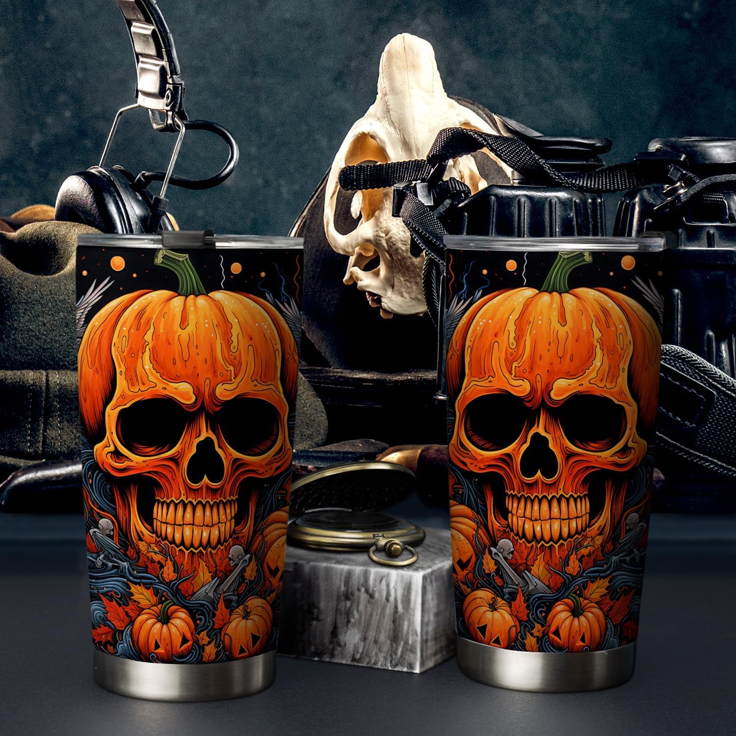 Vaso de Halloween de 20 onzas, vaso de calavera, vaso de calavera de calabaza de Halloween, taza de viaje aislada con tapa, termo de café para