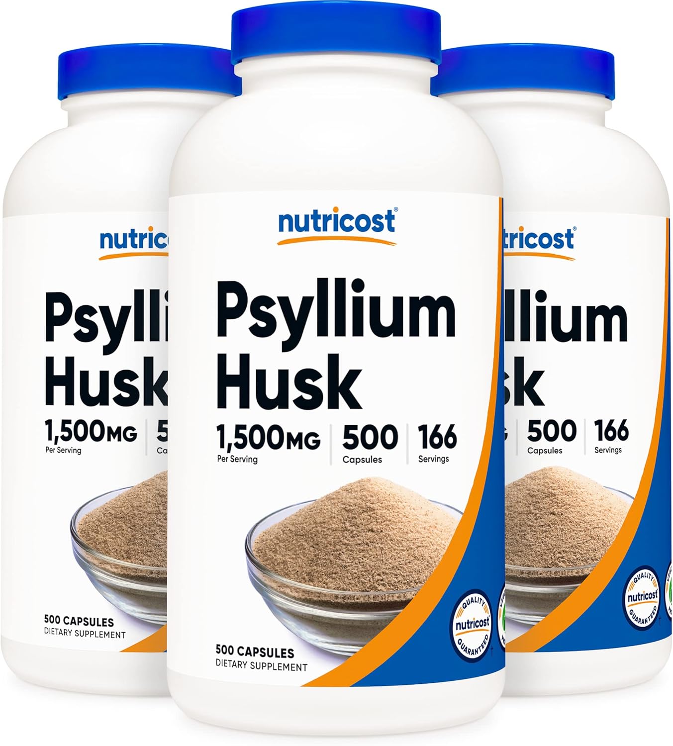 Nutricost Cáscara de psyllium 1500mg, 500 cápsulas (3 botellas)