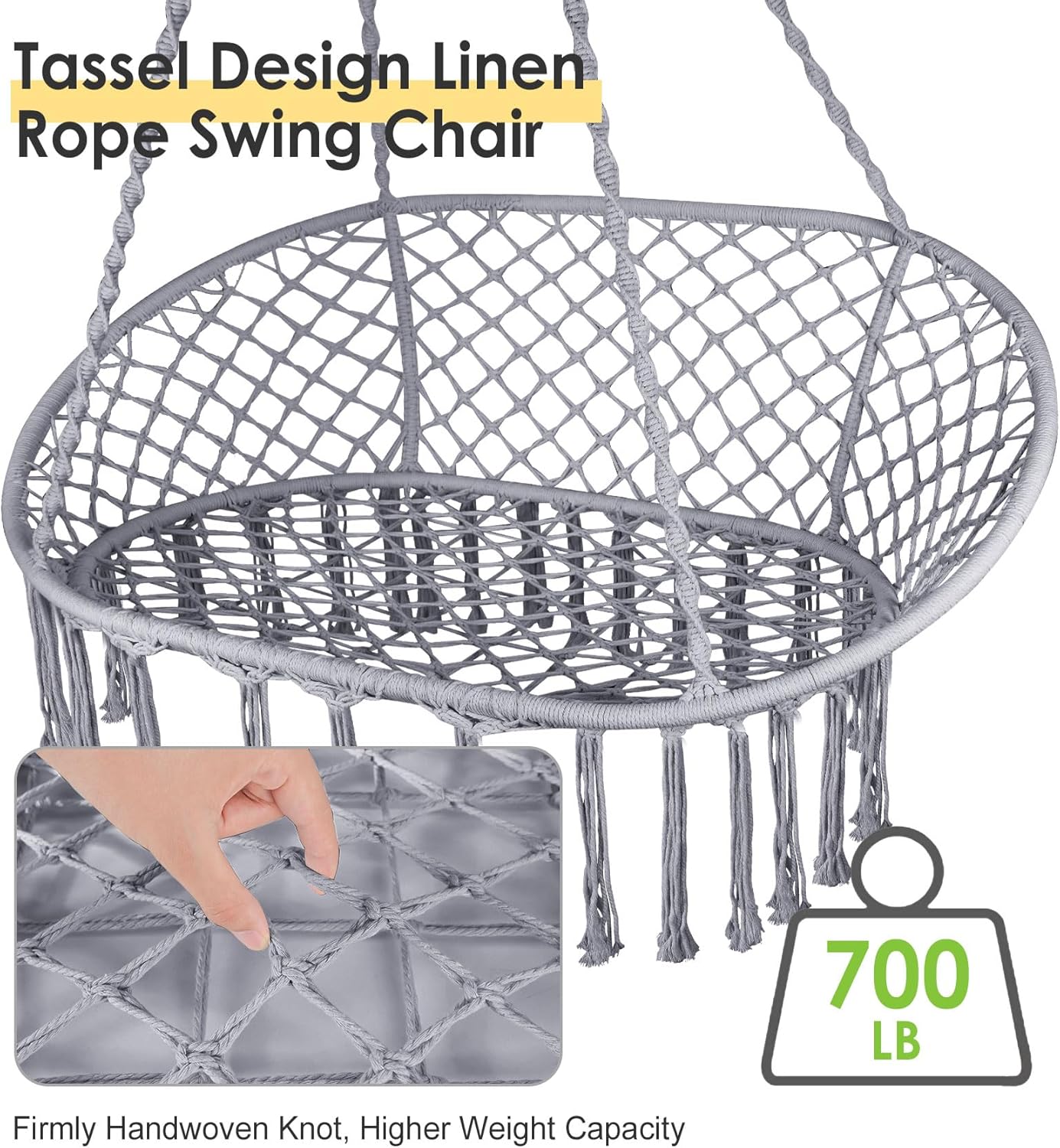 Silla oscilante doble, silla colgante grande de macramé con 3 cojines y accesorios de montaje, silla oscilante tejida a mano para dormitorio, patio,