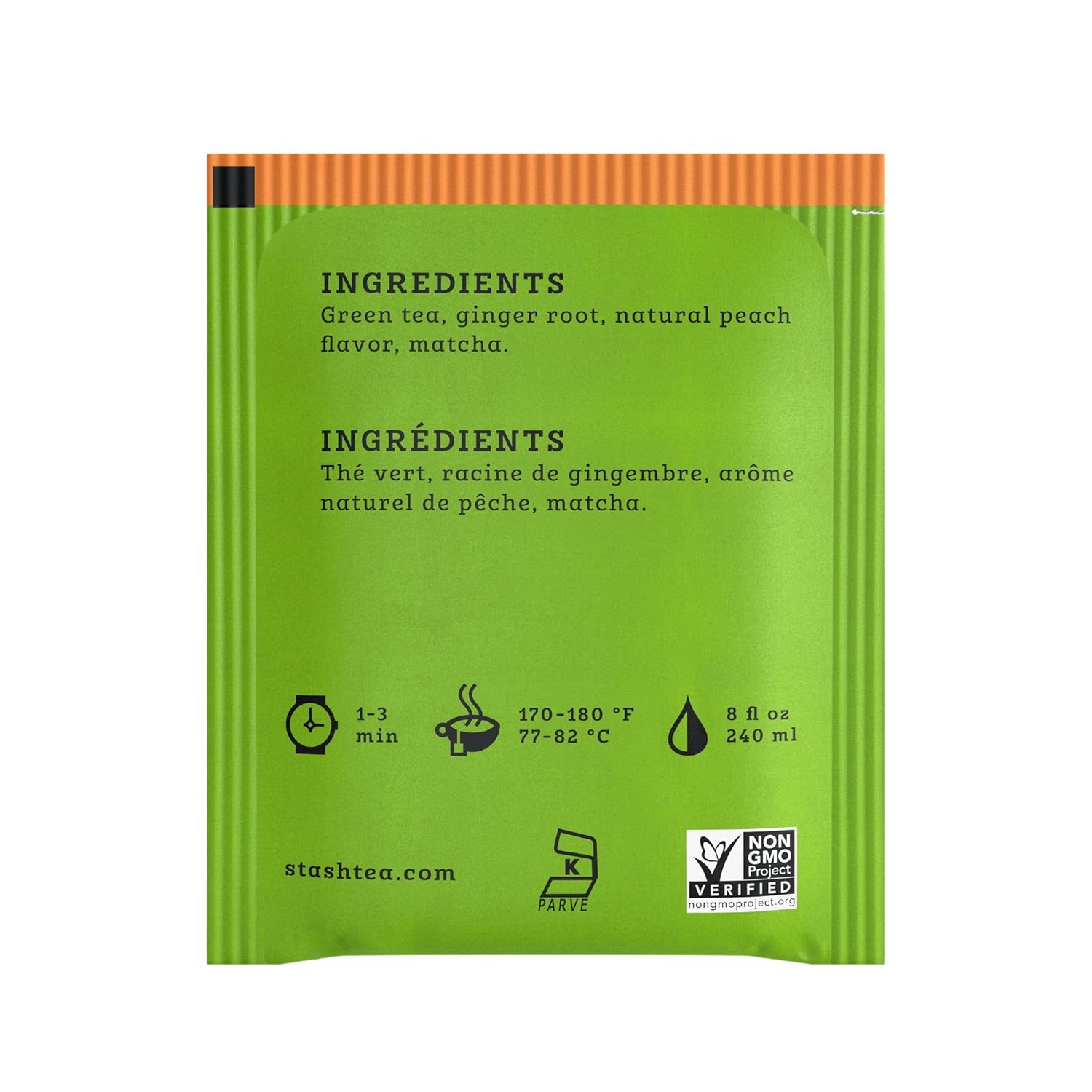 Stash Tea Ginger Peach Green Tea – Té verde con cafeína, sin OMG, verificado por proyectos, sin ingredientes artificiales, 18 unidades (paquete de