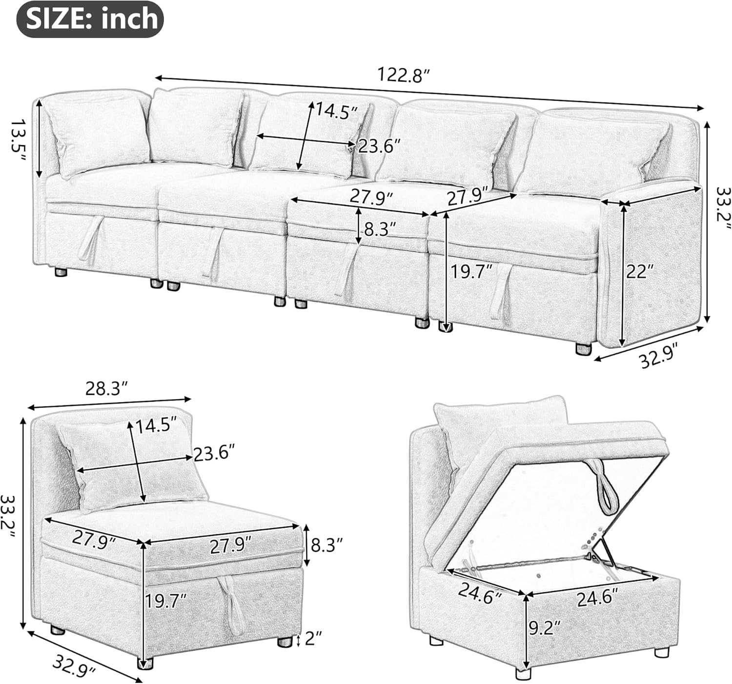 Sofá modular convertible de 122.8 pulgadas, combinación minimalista y gratuita de 4 plazas en forma de L, sofá modular de tela de felpilla con 5