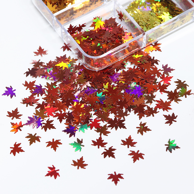 Arte de uñas de hoja de arce, brillantina, arte de uñas de otoño, holográfico 3D, 6 colores, láser de hojas de otoño, calcomanías de lentejuelas de