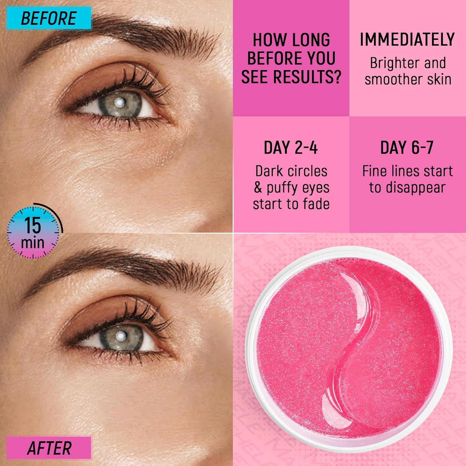60 parches de colágeno rosa para ojos debajo de los ojos, tratamiento para ojos hinchados, ojeras, almohadillas antiarrugas, hidratación con