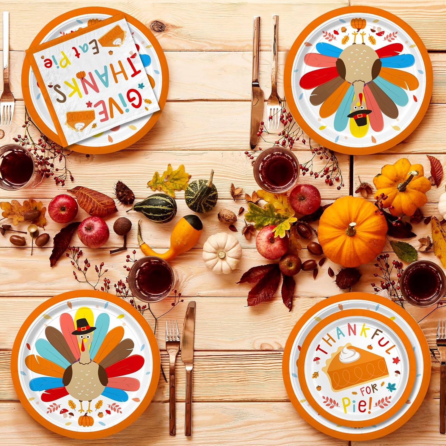 Kit de suministros para fiesta de Acción de Gracias de pavo, incluye vajilla desechable con temática otoñal platos de cena y postre, servilletas,