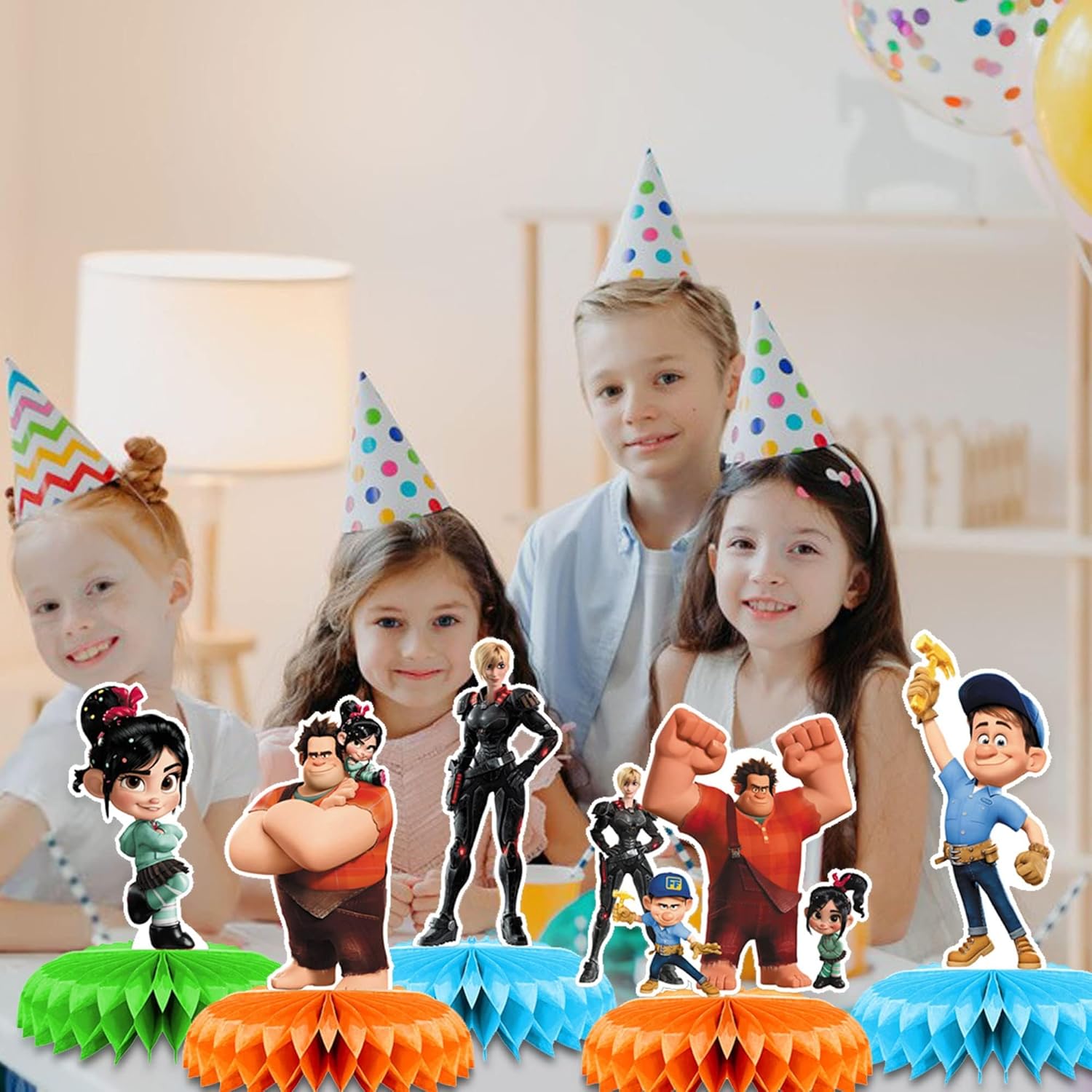 Wreck it Ralph – Decoraciones de fiesta, 7 piezas de centros de mesa con temática de panal de abeja Wreck it Ralph, decoraciones de mesa lateral
