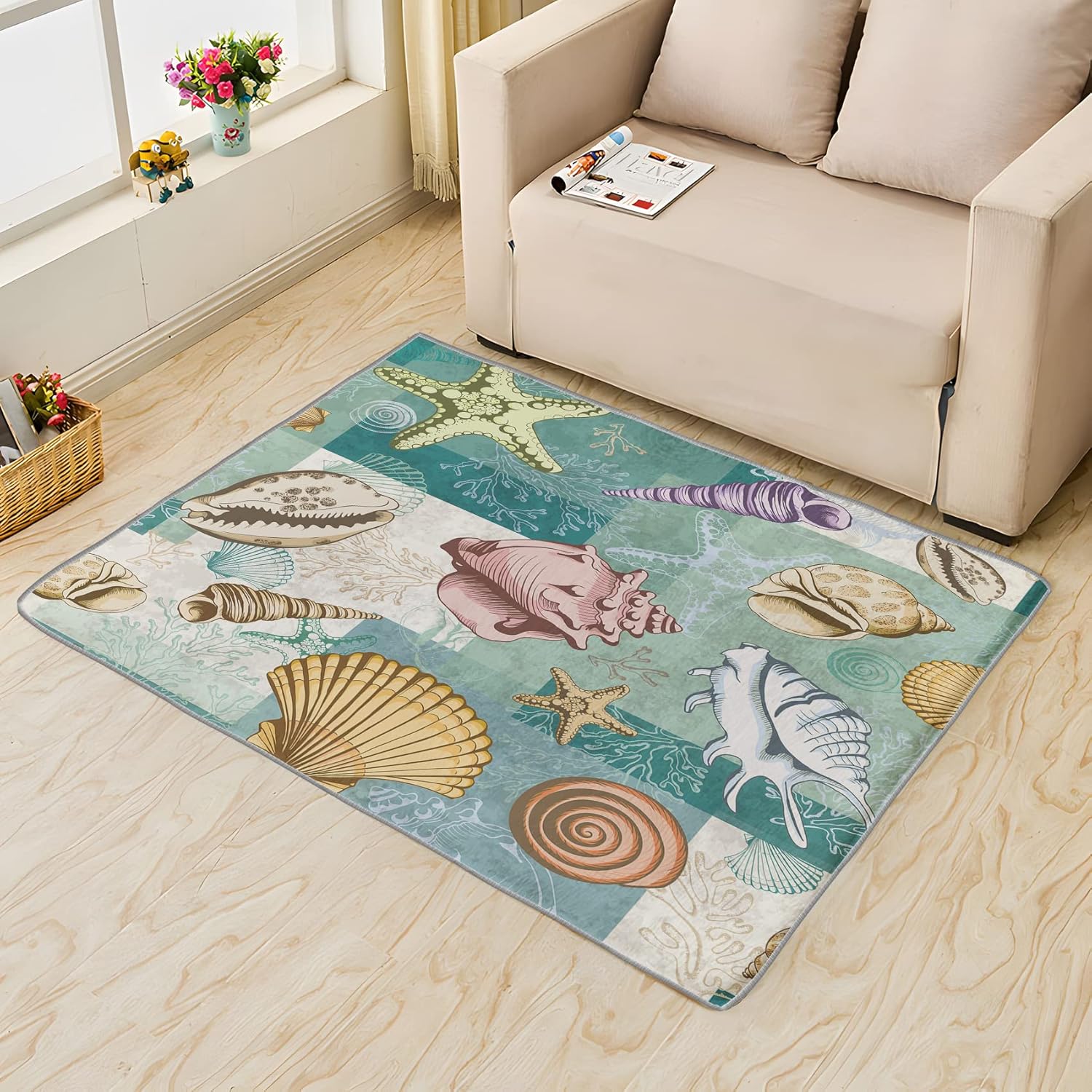 Alfombras lavables para entrada, sala de estar, dormitorio, alfombra temática de playa y decoración del hogar, alfombra de área de conchas marinas