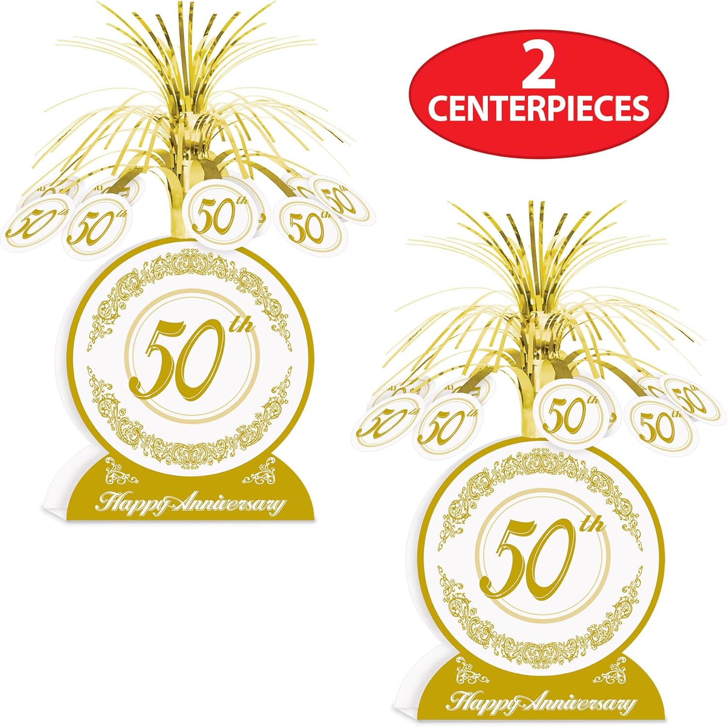 Beistle 2 piezas de 13 pulgadas 50 aniversario de boda decoración de mesa centros de mesa para celebraciones temáticas doradas, blancodorado