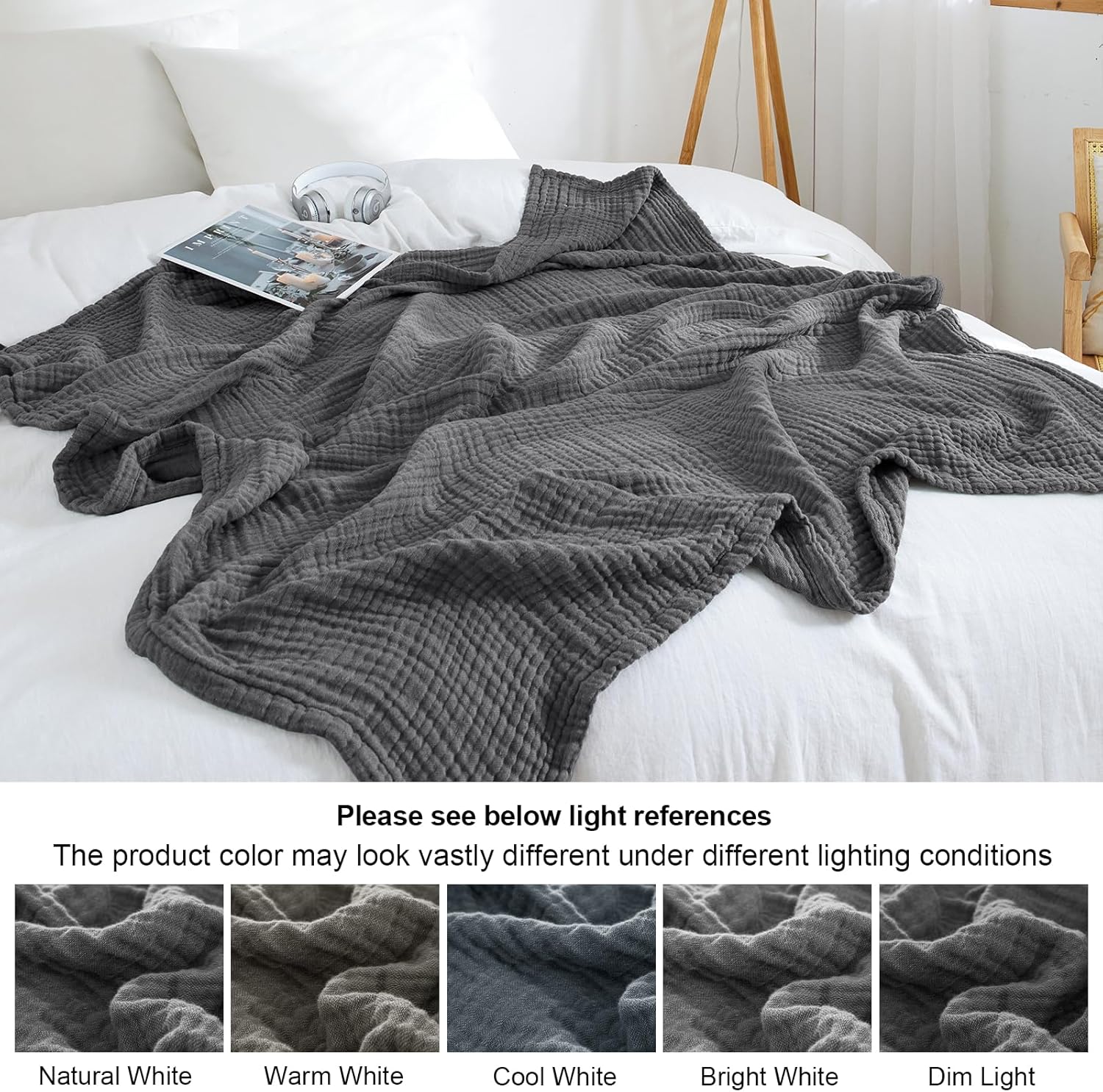 PHF – Manta de muselina 100% algodón para adulto, suave al tacto, transpirable y ligera, perfecta para la decoración del hogar, sofá, cama, para