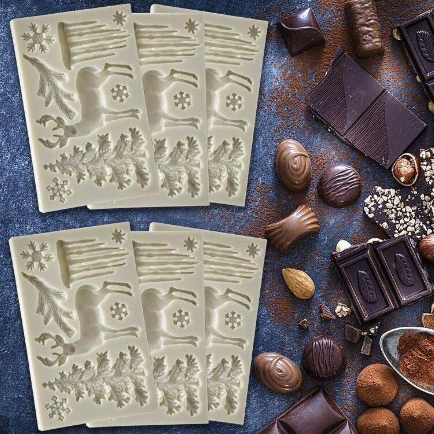 Moldes de chocolate de Navidad, molde de silicona 3D, diseño de ciervos con temática de Navidad, molde de fondant, molde de copo de nieve para hacer