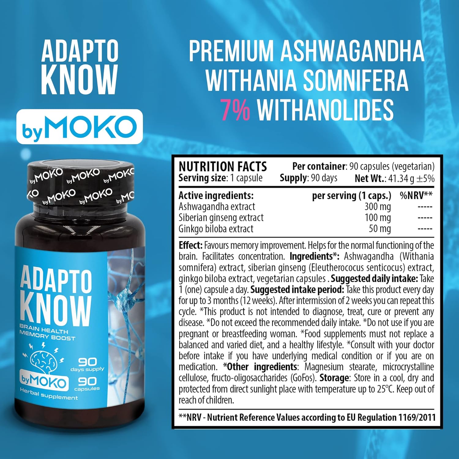AdaptoKNOW Suplemento cerebral para memoria, concentración y concentración  Ashwagandha Ginkgo Biloba Siberian Ginseng Siberiano Nootropics