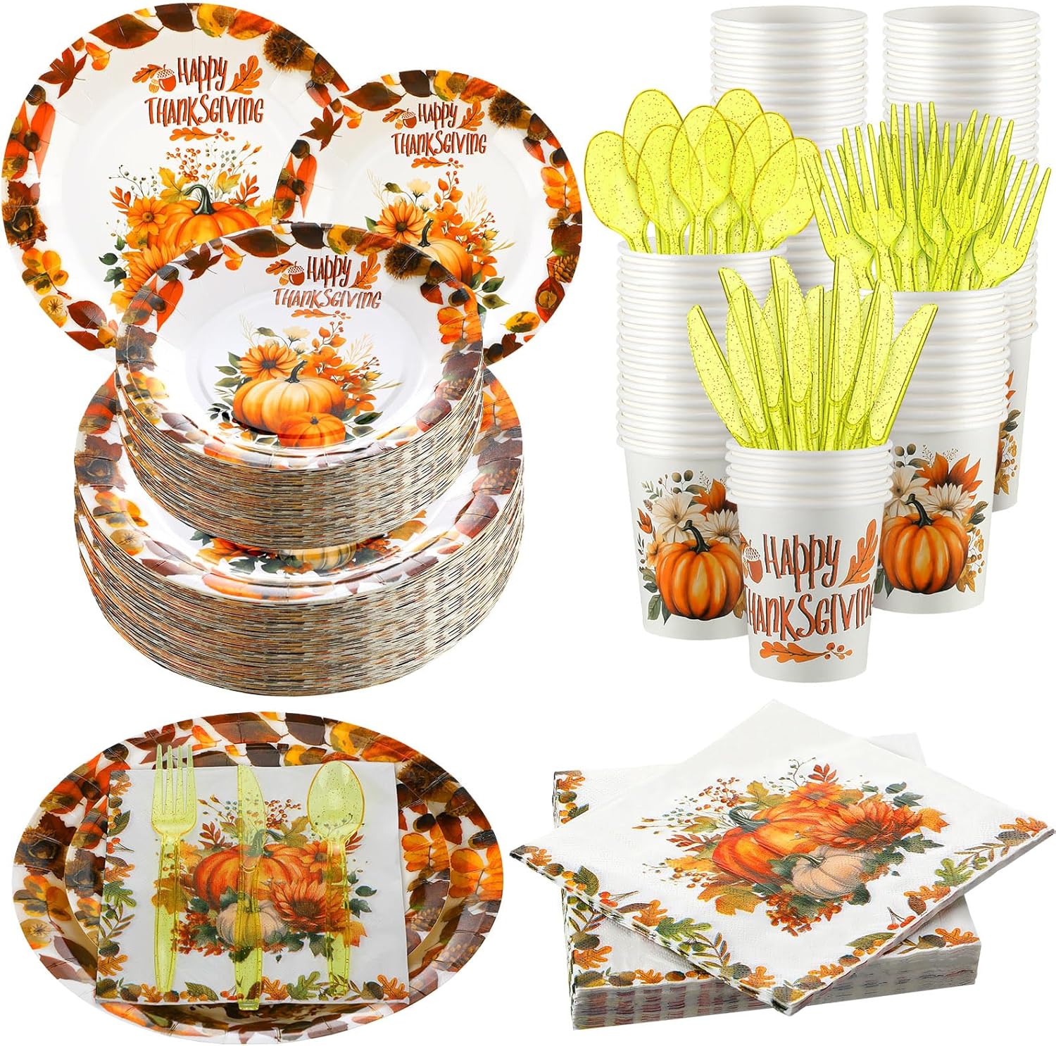 Uiifan Juego de 50 400 piezas de suministros de fiesta de Acción de Gracias, calabaza, otoño, Acción de Gracias, vajilla desechable para 50