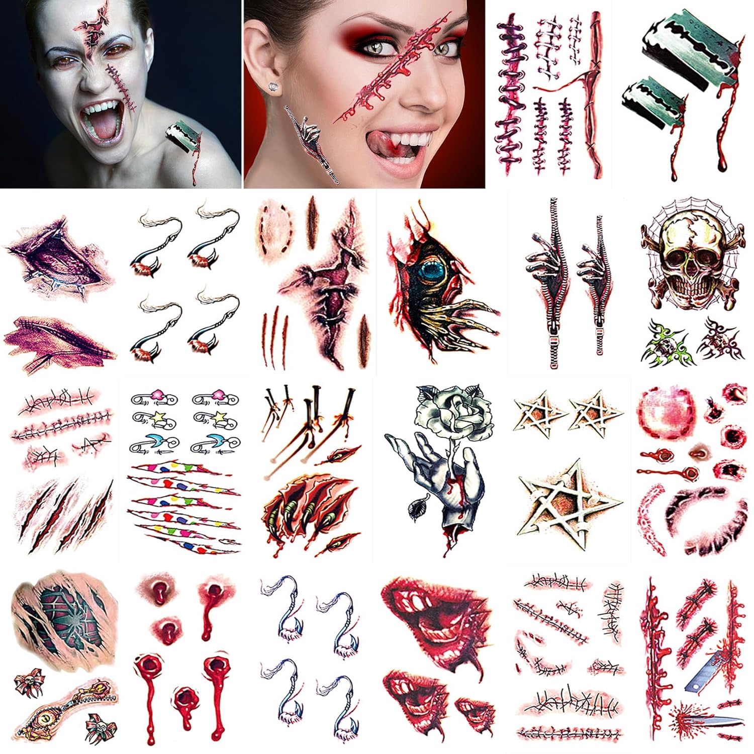 Fusang 20 tatuajes temporales de cicatrices de Halloween, realista, falsa herida sangrienta, impermeable, papel adhesivo para cosplay, fiesta,