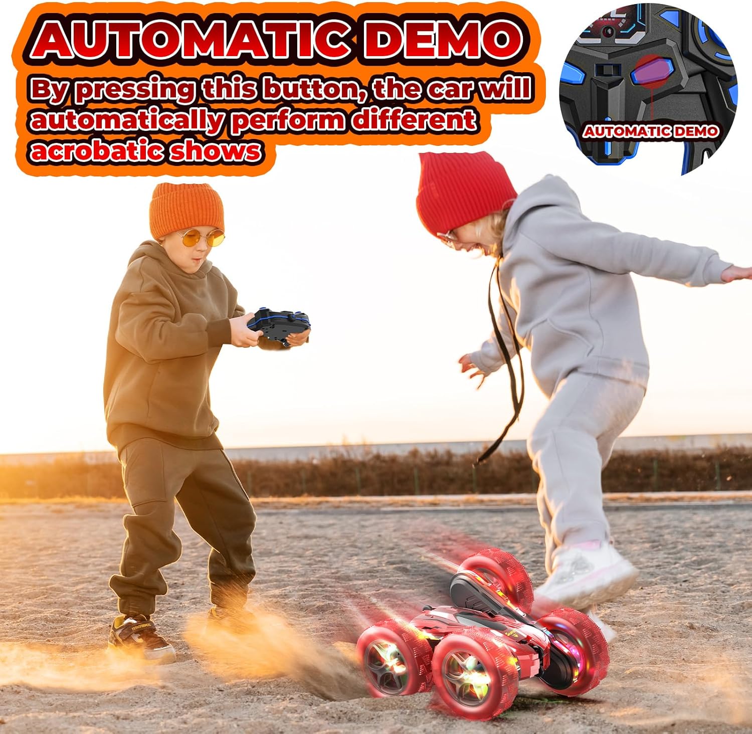 QMUNST Coche de control remoto, autos a control remoto con luces que fluyen, luces de rueda y faros, 2.4 GHZ 4WD, auto de control remoto rápido, 360
