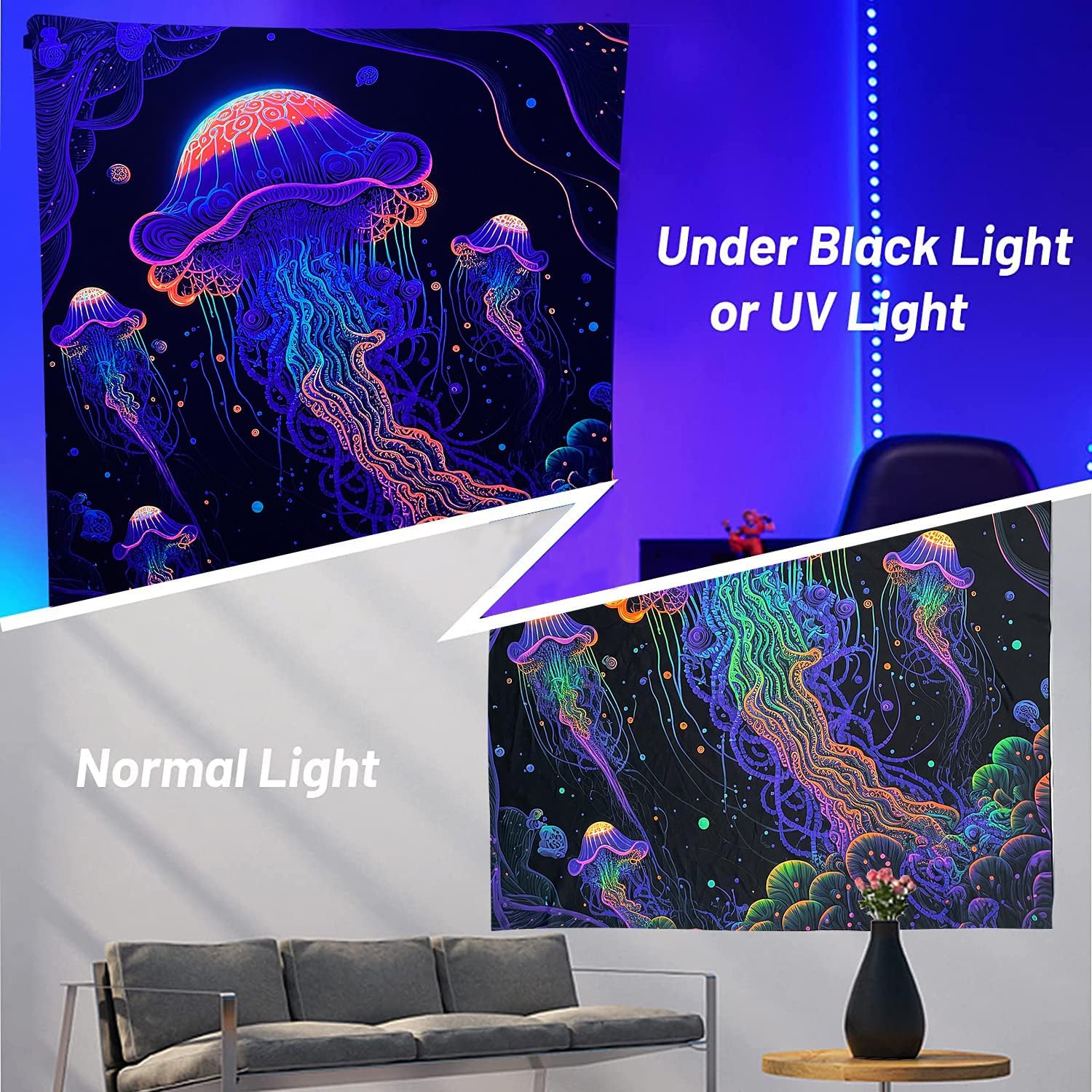 Dixutzi Tapiz de medusa de luz negra para colgar en la pared, tapiz de fantasía reactiva a los rayos UV para decoración de dormitorio, póster de luz