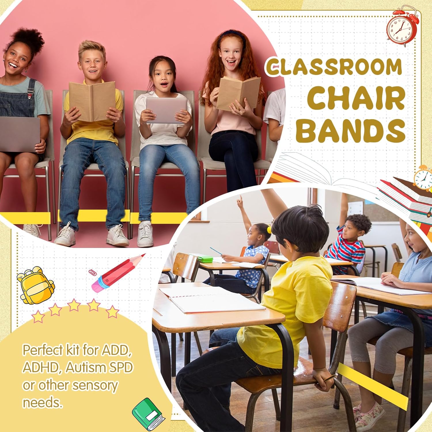 Berlune 24 bandas para sillas de aula de 0.039 pulgadas (0.039 in), bandas para sillas y escritorios para personas con TDAH y autismo, herramientas
