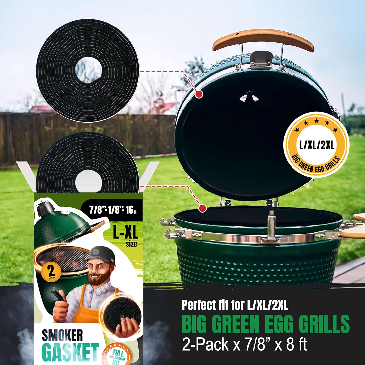 Junta apta para Big Green Egg LXLXXL  Paquete de 2 sellos de repuesto de junta de ahumador de 8 pies  Junta BGE 78″ x 18″ Fieltro – Compatible con