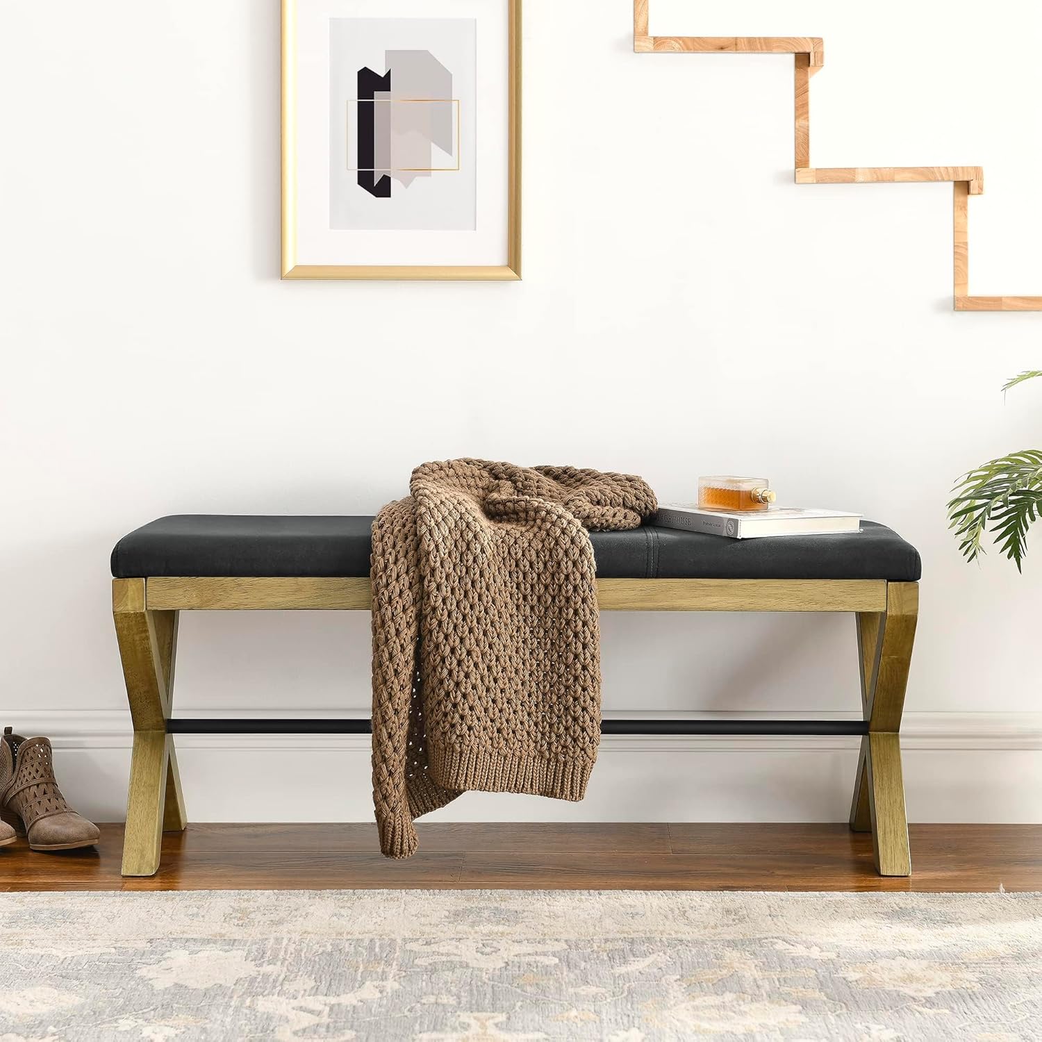 TEFUNE Otomanas de almacenamiento acolchadas, taburete de dormitorio, taburete de cama tejido con patas de madera cruzadas, adecuado para sala de