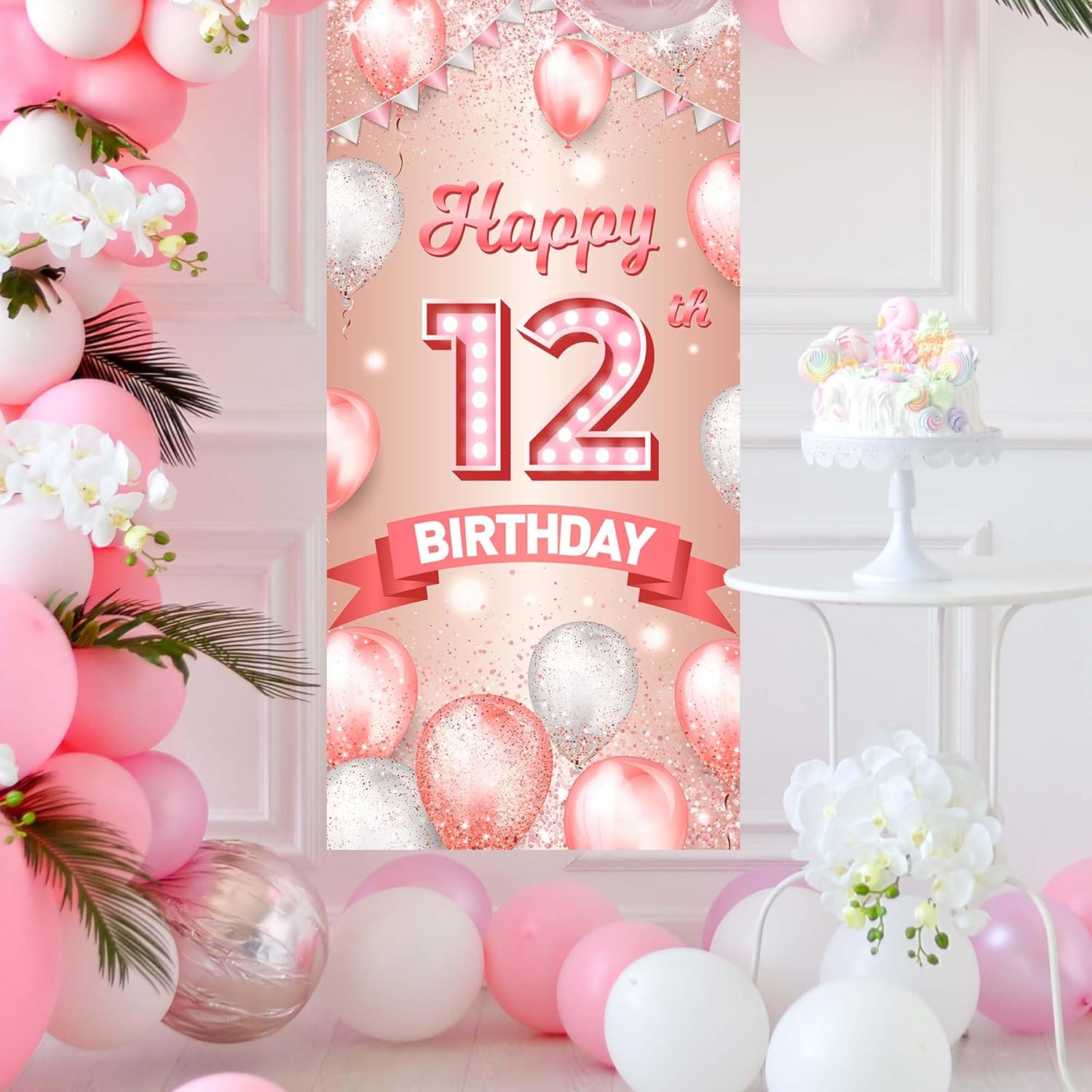Cartel de feliz cumpleaños número 12 de oro rosa, telón de fondo de globos de confeti de 12 años, decoración temática de globos de confeti para