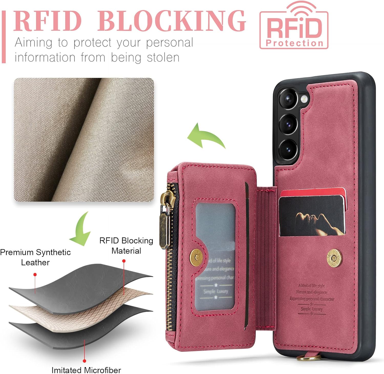Asuwish Funda de teléfono para Samsung Galaxy S23 5G Funda tipo cartera con protector de pantalla de vidrio templado y cremallera RFID Bloqueo
