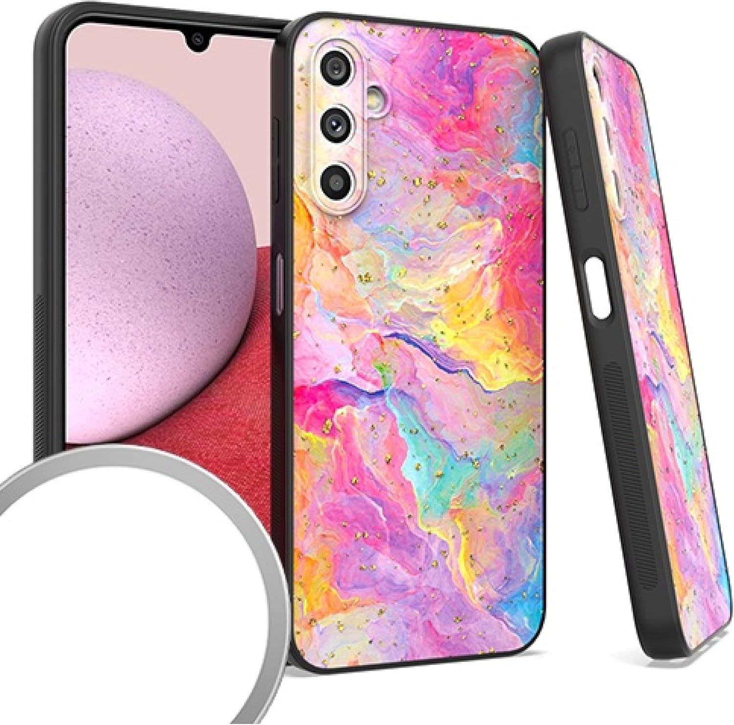 PT – Funda cromada con diseño de mármol para Samsung Galaxy A14 5G SM-S146VL + soporte de regalo (arcoíris)