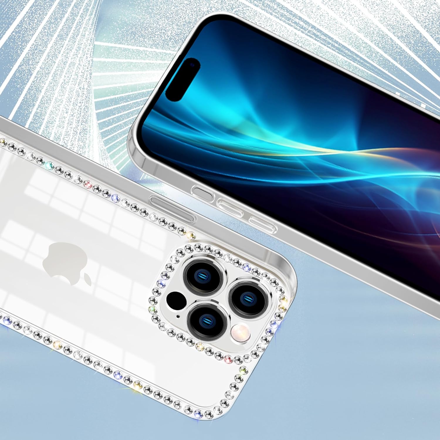 Funda compatible con iPhone 15 Pro Max transparente con diamantes de imitación para niñas y mujeres, funda femenina con purpurina brillante, diseño