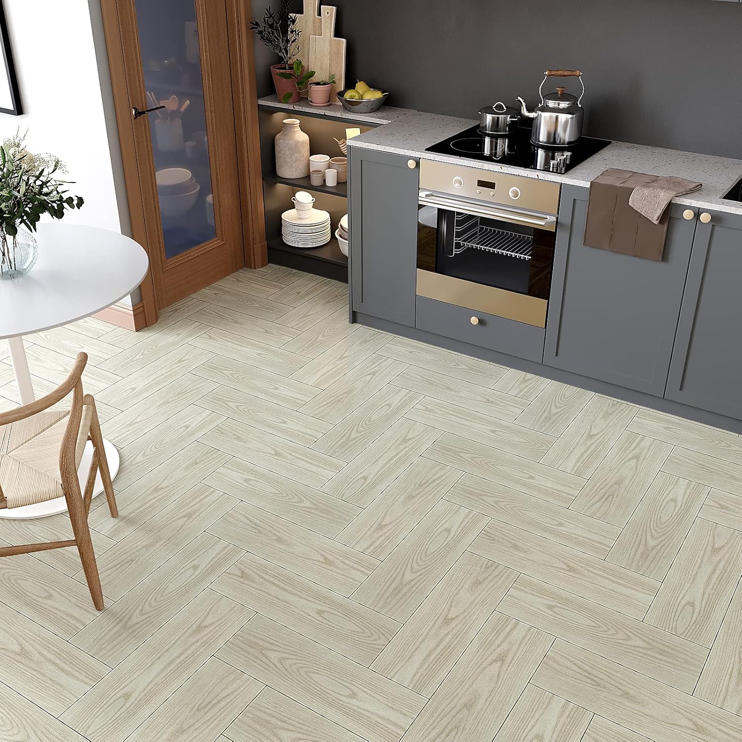 VEELIKE Paquete de 12 pisos de tablones de vinilo de madera gris beige de 6 x 36 pulgadas, azulejos de piso de suelo de madera para despegar y