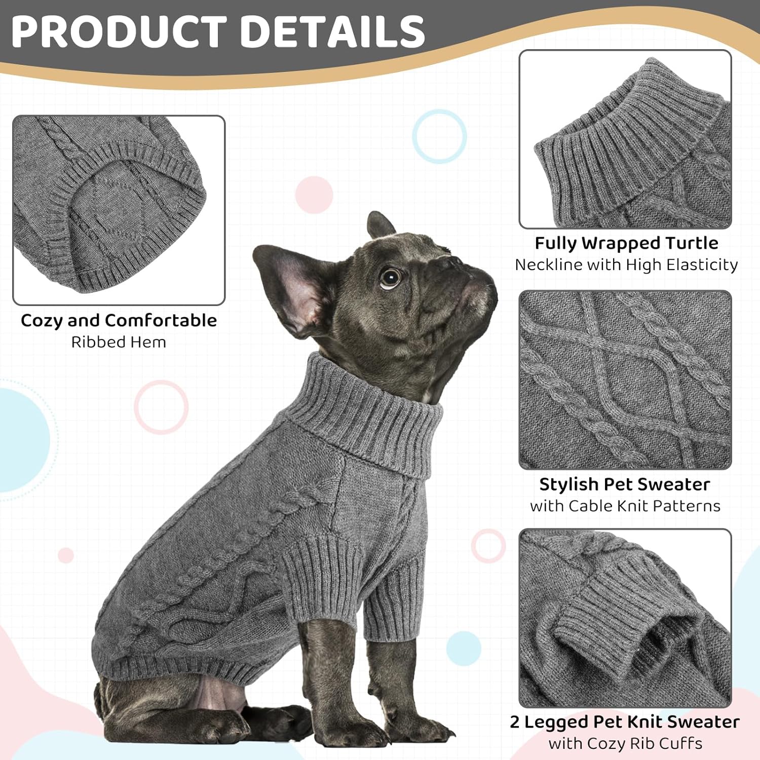 Queenmore Suéter pequeño para perro, ropa de punto trenzado para clima frío, ropa clásica de cuello alto grueso y cálida para chihuahua, bulldog,