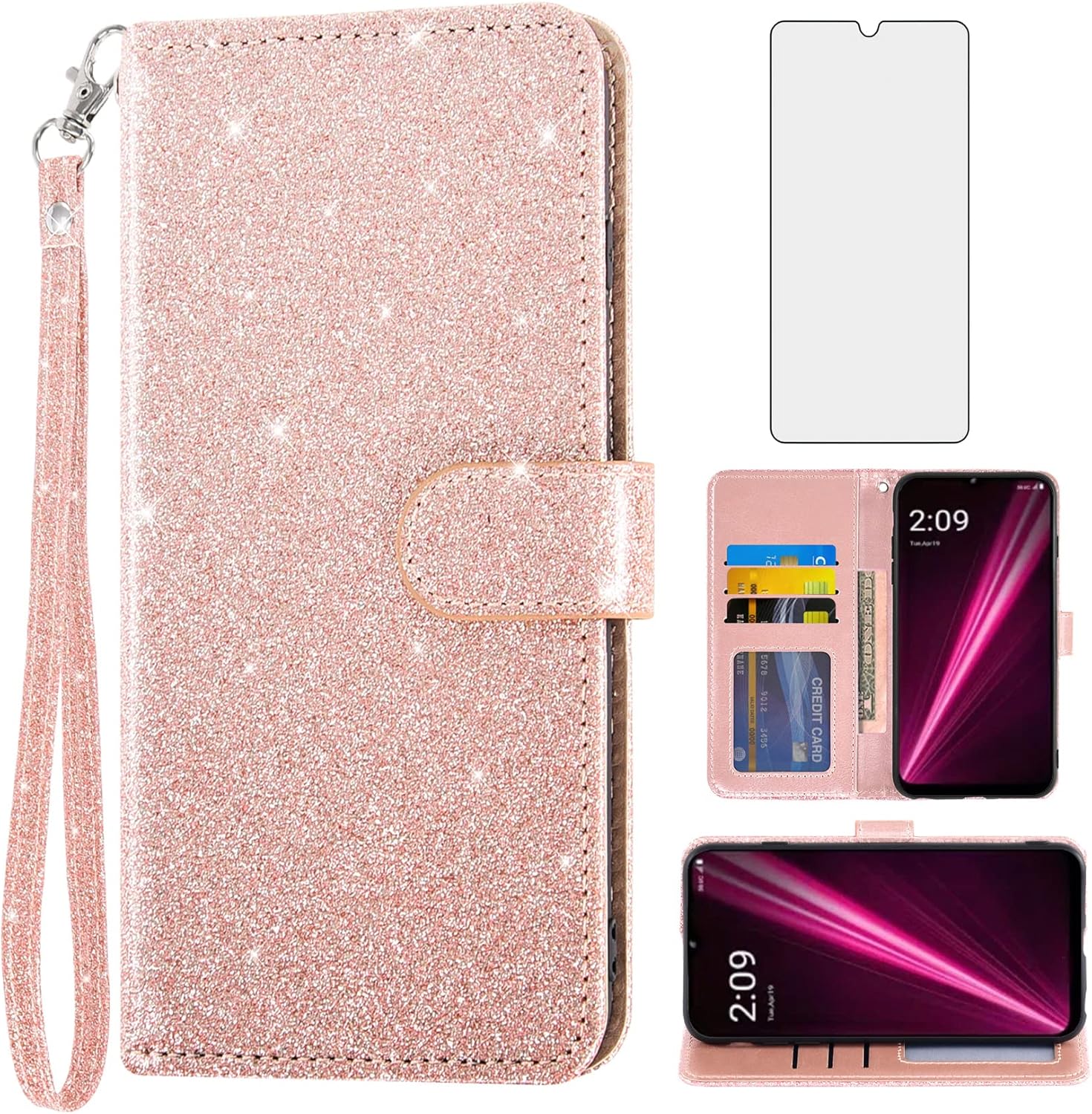 Asuwish Funda de teléfono para T-Mobile Revvl 6 5G 2022 con protector de pantalla y cartera con purpurina, soporte para tarjeta con ranura para