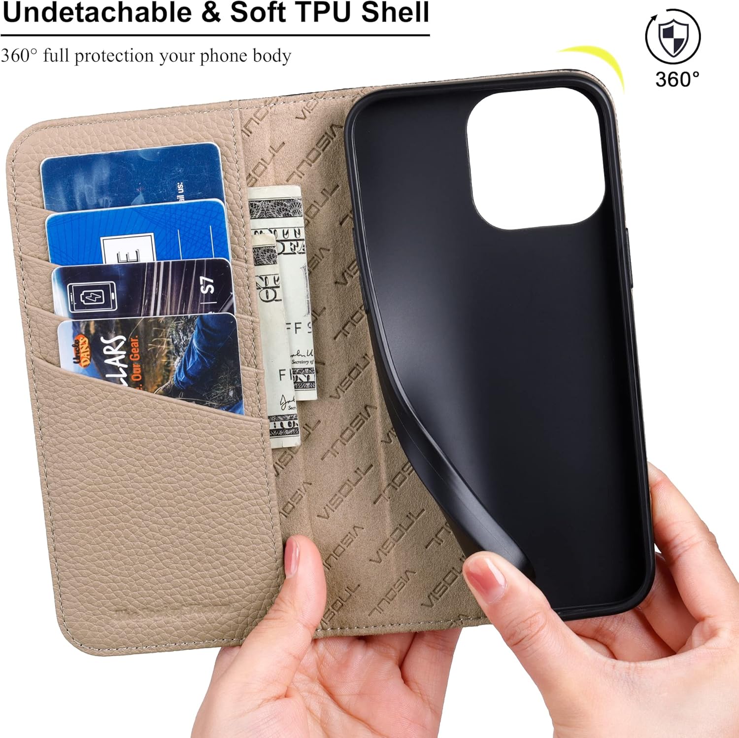 VISOUL Pebbled – Funda de piel auténtica para iPhone 15 Pro Max con soporte para tarjetas, funda magnética con función atril para iPhone 15 Pro Max