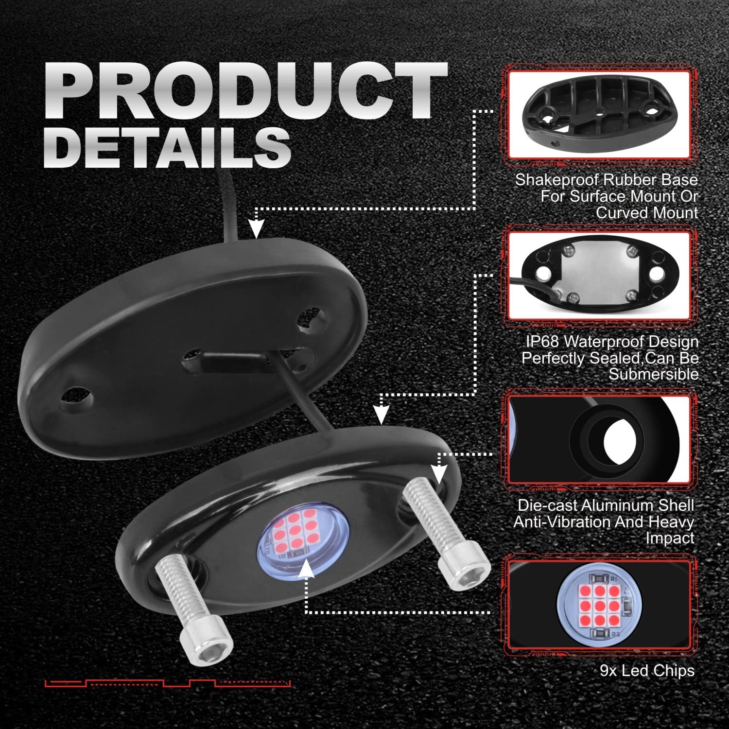 LY8 6Pods – Luces LED de roca roja de neón para automóvil, camión, ATV, UTV, SUV, Jeep, barco, debajo de la carrocería, lámpara impermeable (rojo)