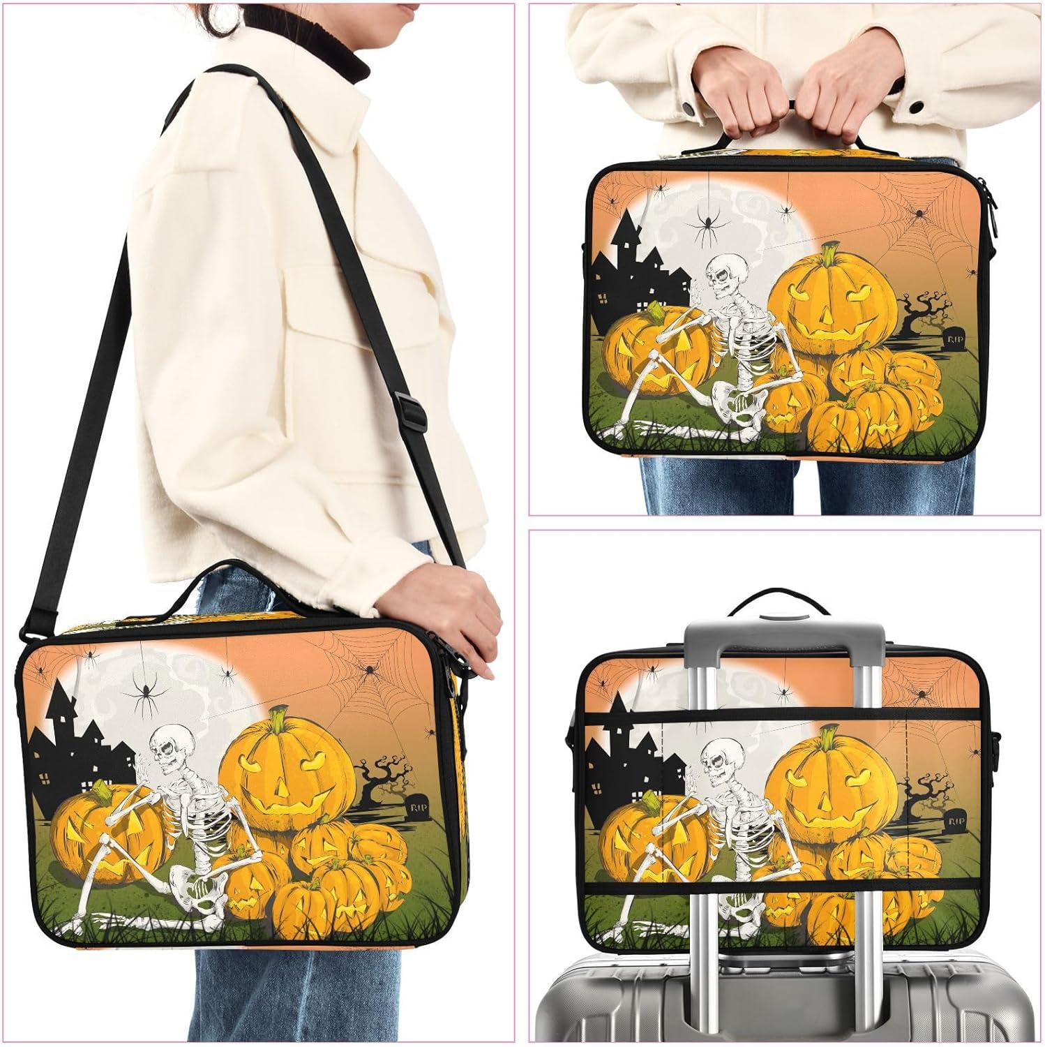 Skeleton Pumpkins Spiders Happy Halloween cosmetic bag makeup case travel size toiletries bag with compartments cute makeup bag cosmetiquera de