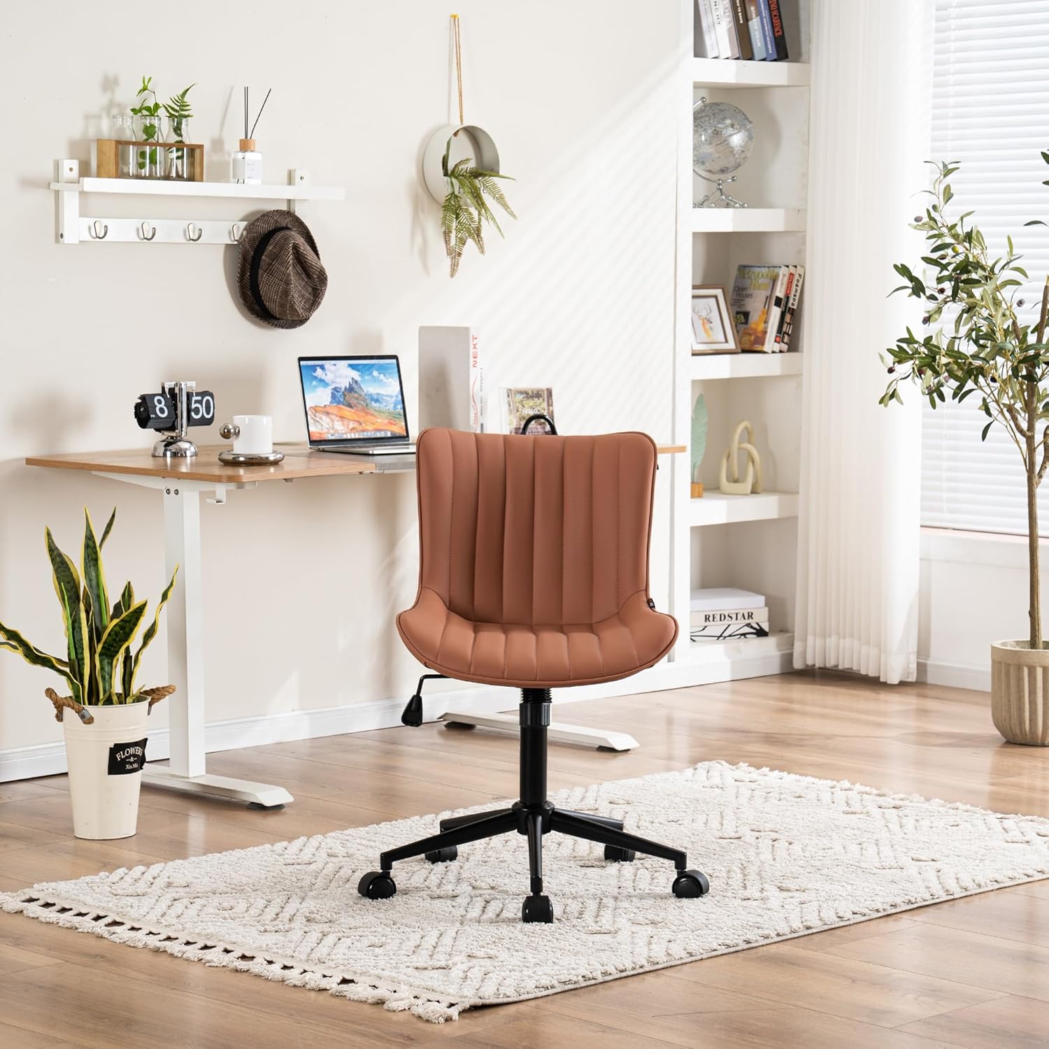 YOUNIKE Silla de oficina giratoria sin brazos de cuero con ruedas, silla de computadora tapizada ajustable con respaldo reclinable y giratorio,