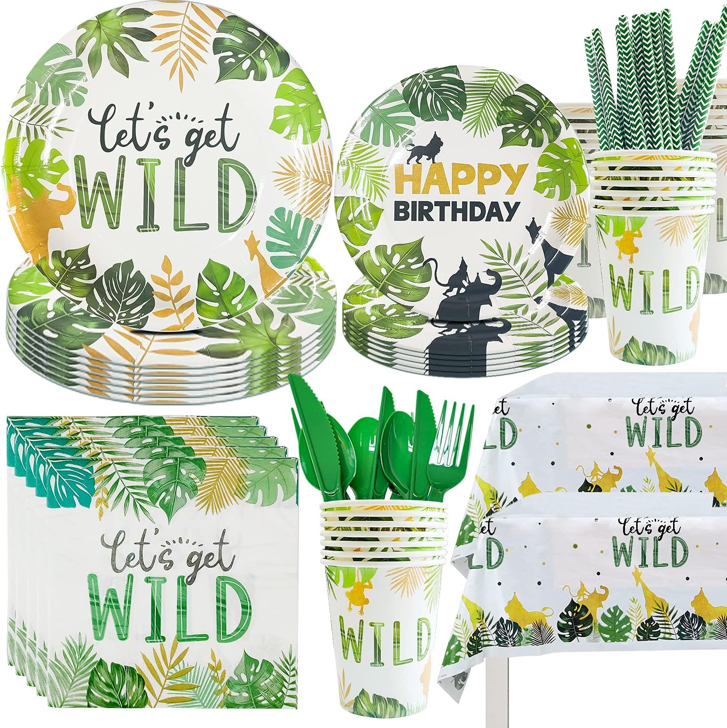 Juego de vajilla de decoración de cumpleaños de safari, suministros de fiesta temática de selva de animales, incluye platos, servilletas, manteles,