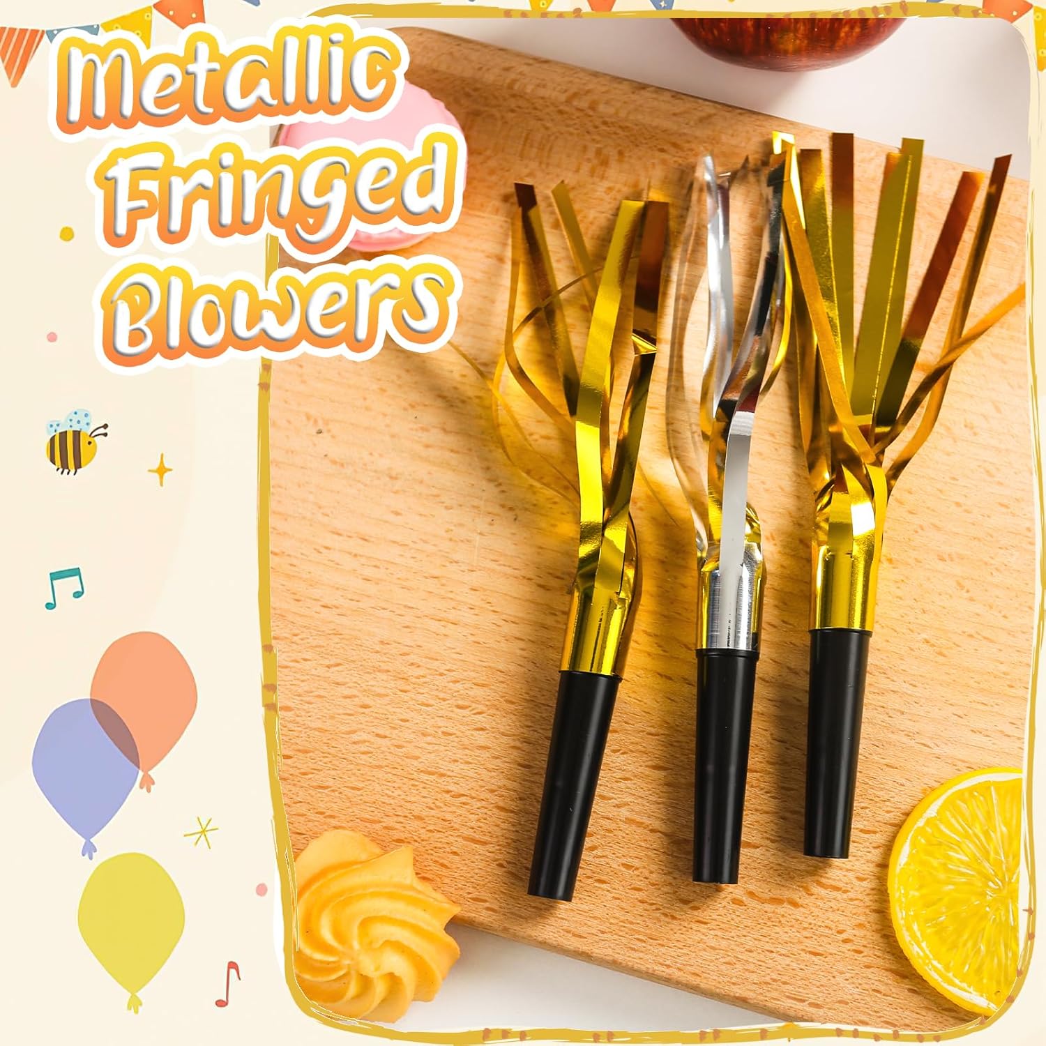 LovesTown 36 sopladores metálicos con flecos para fiestas, con purpurina, color dorado y plateado, silbatos para niños, adultos, cumpleaños, Año